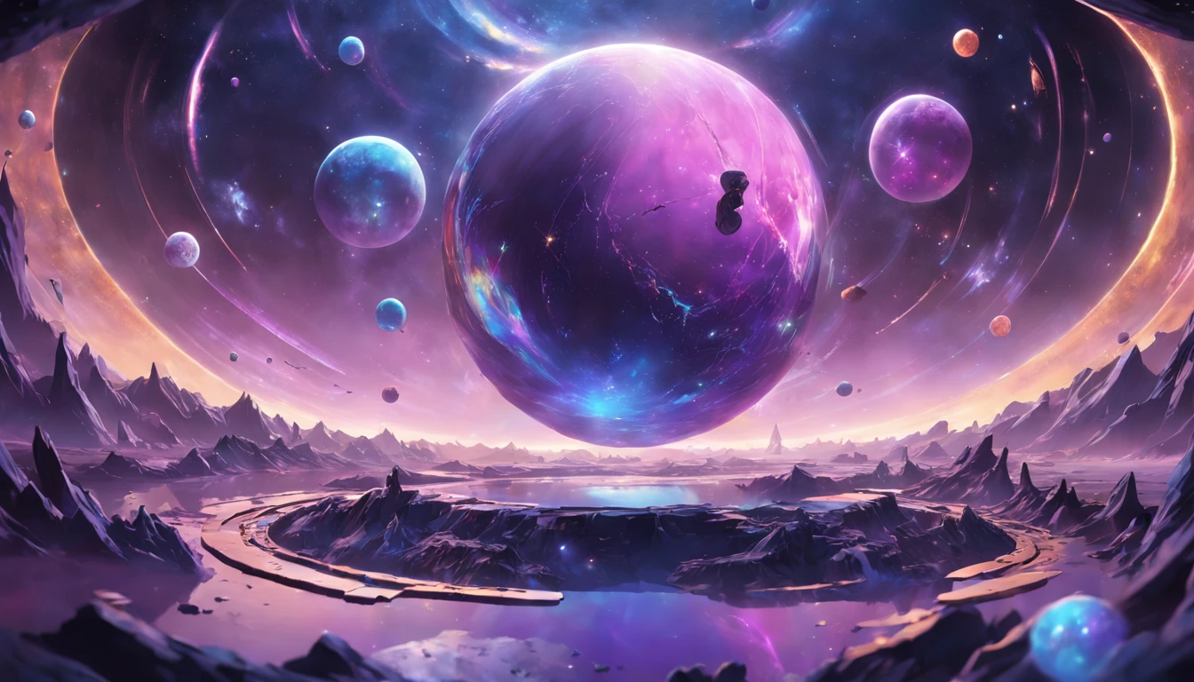 Donald Duck in outer space,creative background planets, vibrant colors, realistic, colorful, high resolution, mystical, universe style, psychedelic, Angelcore, Ghostcore, ultra wide-angle, Unreal Engine rendering, Sharp, game asset, purple colors, Metal, soft lighting, Hyper-realistic