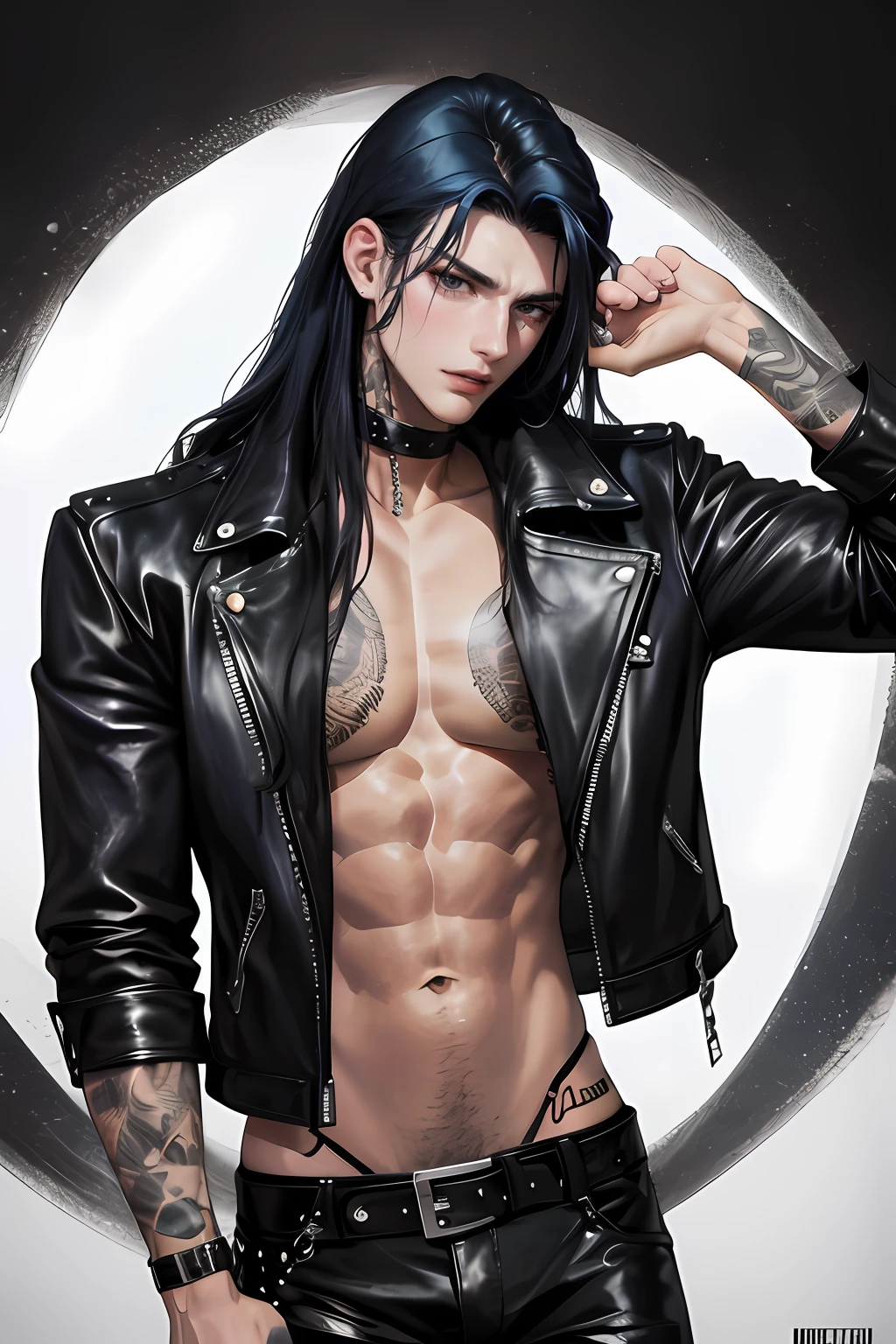 photography of a heavy metal star, a solo man, 25 years old, singer, bad boy, black eyes, expressive look, long dark blue black hair, bar on background, straight hair, blueshine hair, unshaven, black leather jacket, leather pants, chest tattoo, super detailed face, perfect body, perfect shapes, realistic image, award winning photography, 8k,