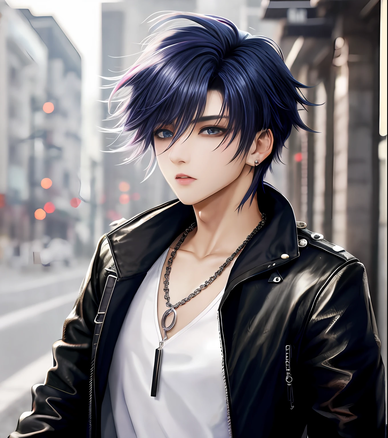 Inglaterratown, fotos profissionais, tiro de costas, Fotografado para que todo o corpo possa ser visto, tiro de costas, No Fed Man with Necklace, inspirado em Sim Sa-jeong, androgynous vampire, :9 rosto detalhado: 8, Rosto mais detalhado, cabelo punk detalhado, ((cinza)) olhos baggy, sedutor. altamente detalhado, anime semi realista, Vampiros, adolescente hiperrealista, delicate androgynous prince, IMVU, Cabelo roxo brilhante, olhos cinzentos, Preto Cool Moda Coreana, Escondendo os dois olhos com franja, I can't see both eyes with bangs, franja longa, cabelos curtos acima das orelhas, Screaming expression, olhar selvagem, olhar distante, High-level image quality, obra prima, ((1 homem humano))