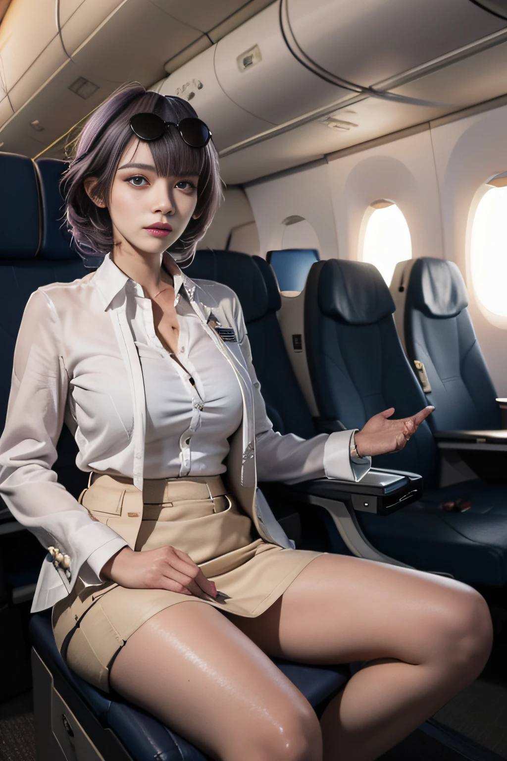 (Best quality: 1.1), (Realistic: 1.1), (Photography: 1.1), (highly details: 1.1), (1womanl), Airline flight attendants,Coat,White shirt,Short skirt,black lence stockings,bent down,In the plane,KafkaHKS,hong kong,Purple eyes, Purple hair, eyewear on head, sunglasses,