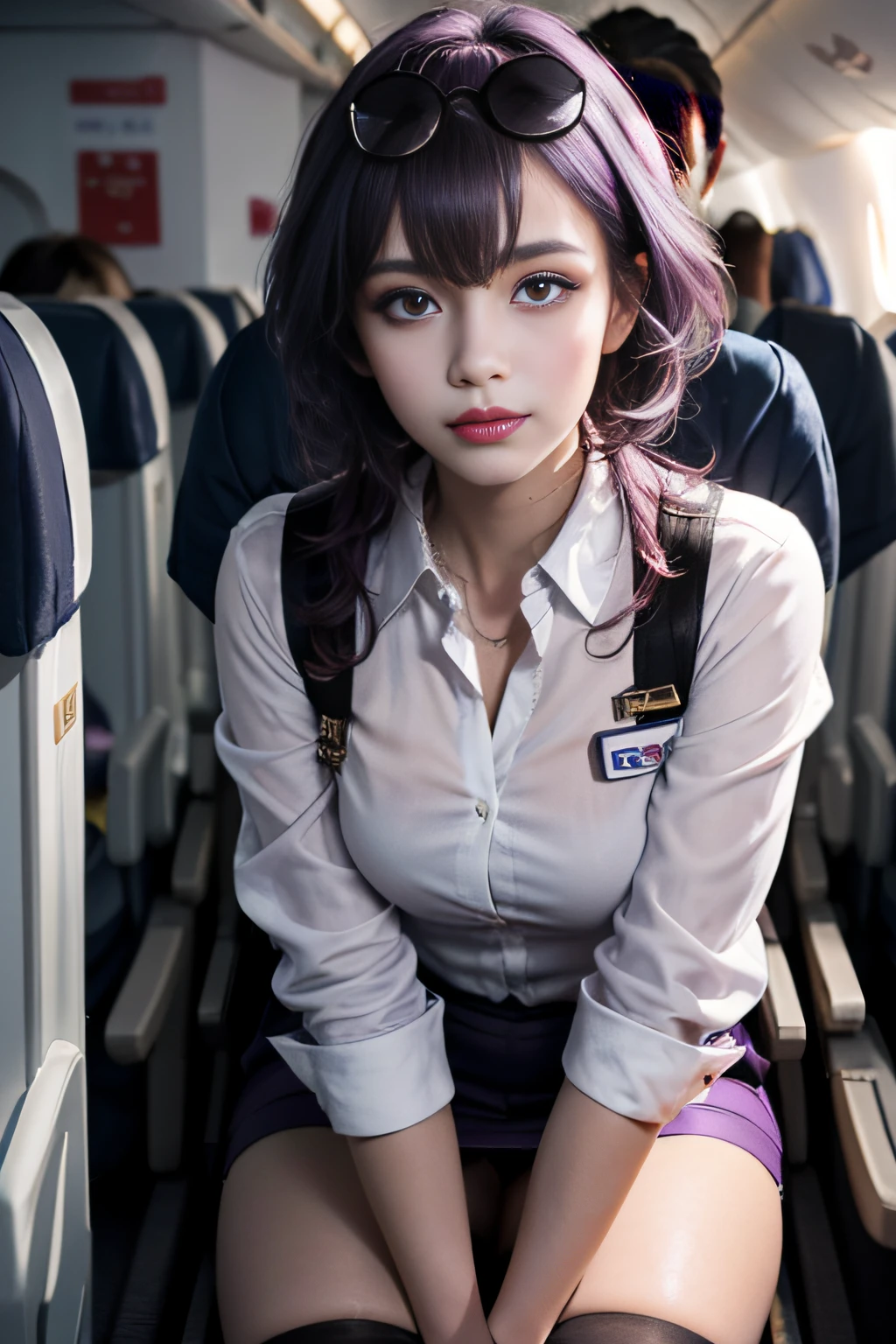 (Best quality: 1.1), (Realistic: 1.1), (Photography: 1.1), (highly details: 1.1), (1womanl), Airline flight attendants,Coat,White shirt,Short skirt,black lence stockings,bent down,In the plane,KafkaHKS,hong kong,Purple eyes, Purple hair, eyewear on head, sunglasses,
