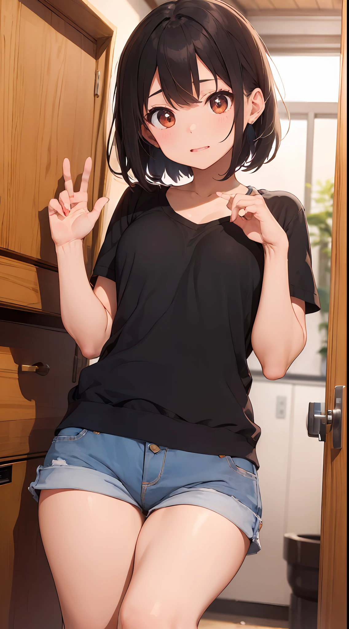 Realistic labia minora、Realistic female genitalia、Detailed female genitalia、Details of irregularities、flat breast、(Show me the local part:1.5)、Pubic hair shows through、(Beautiful bare pubic hair) ,more_Details:1.5, (More and more_Details:1.9)、short-hair、Bicolor hair、Big eyes、a 、Well-shaped hand shape、Details down to the nails、Cute gesture