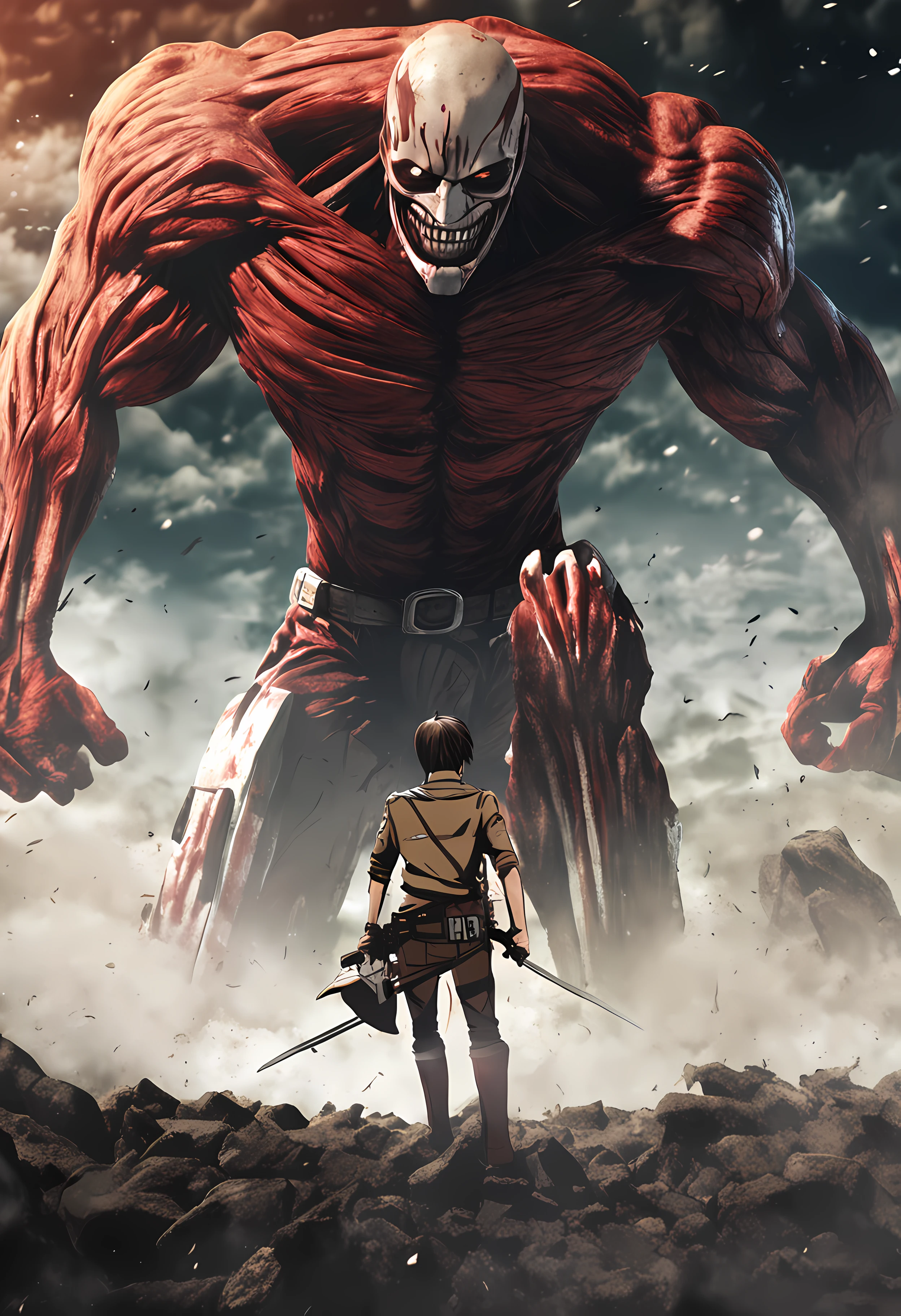Generate a moody and emotionally colored movie poster in the style of Hajime Isayama's Attack on Titan. The poster should prominently feature Eren Jaeger, wearing a Paradis Island uniform and ODM gear, gazing out at the ocean.