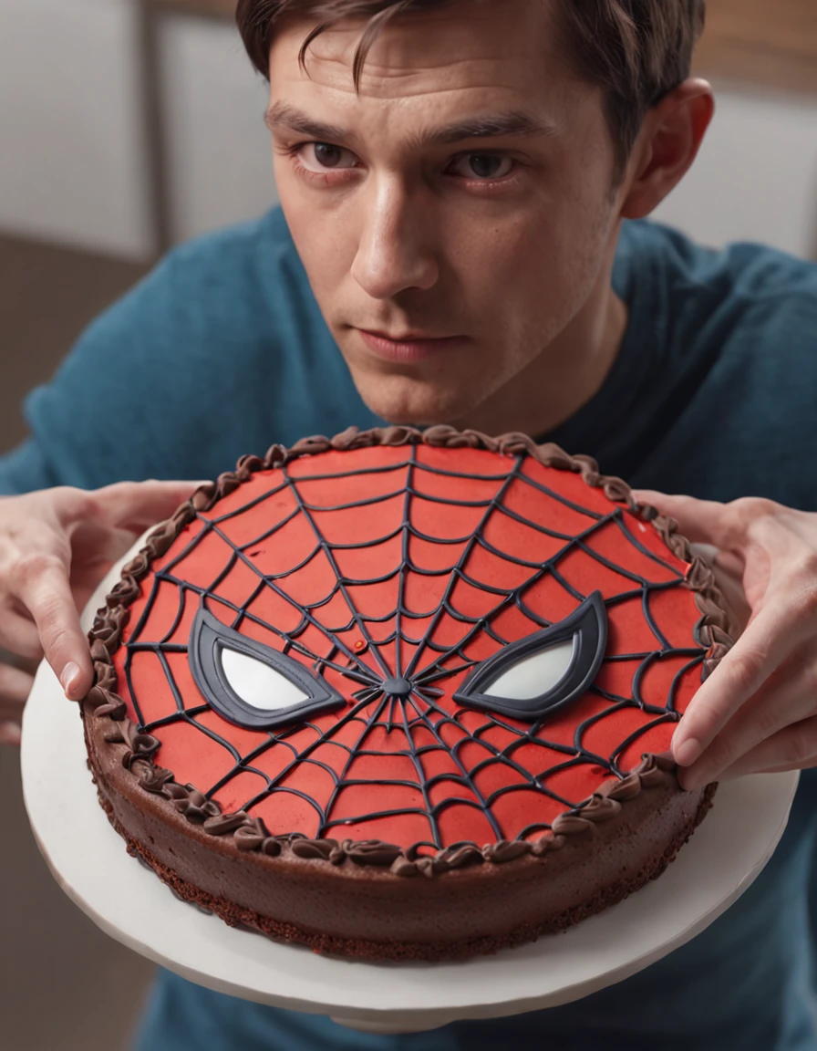 Overhead image of Spiderman hyperrealism holding in his hands a birthday cake that says Tobias written on the cake, mejor calidad, extremadamente detallado, UHD 8K, Renderizado de octanaje, Incredibly detailed, fotorrealista, Entorno impresionante, volumetric illumination, Alto detalle, dramatic, colores tenues.