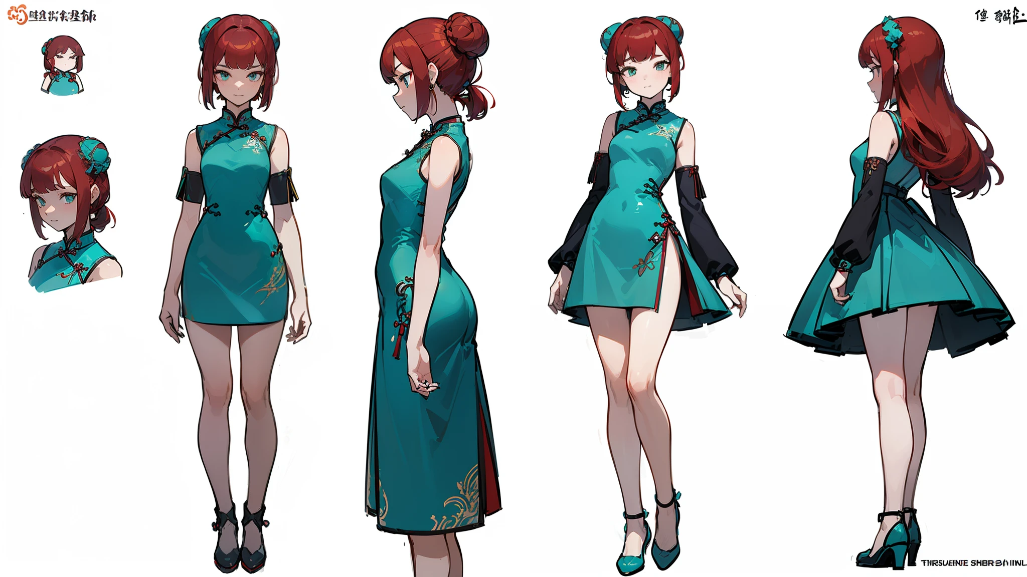 ((Best Quality)), ((Masterpiece)), ((Realistic)) 19 year old, redhead girl, shoulder length hair, relaxed happy face ((slender)) (busty), ((( cheongsam turquoise short dress))) (((mini skirt))) ((sexy dress)) bun hairstyle (((detailed character sheet, frontal view, side view, three quarter view))) (((white background))) 6 and a half heads full body