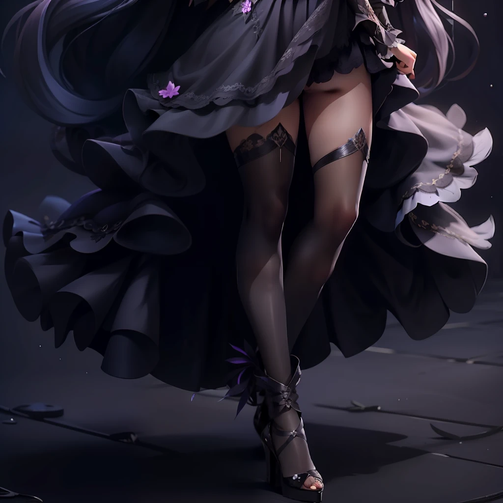 A beautiful girl, dressed like a raven, with raven wings, long hair, black Raven flowers around her, pretty face, full body pictures, high quality pictures, wearing a high heel, cute face, proper face, sparkling face, sparkling eyes, sparkling lips