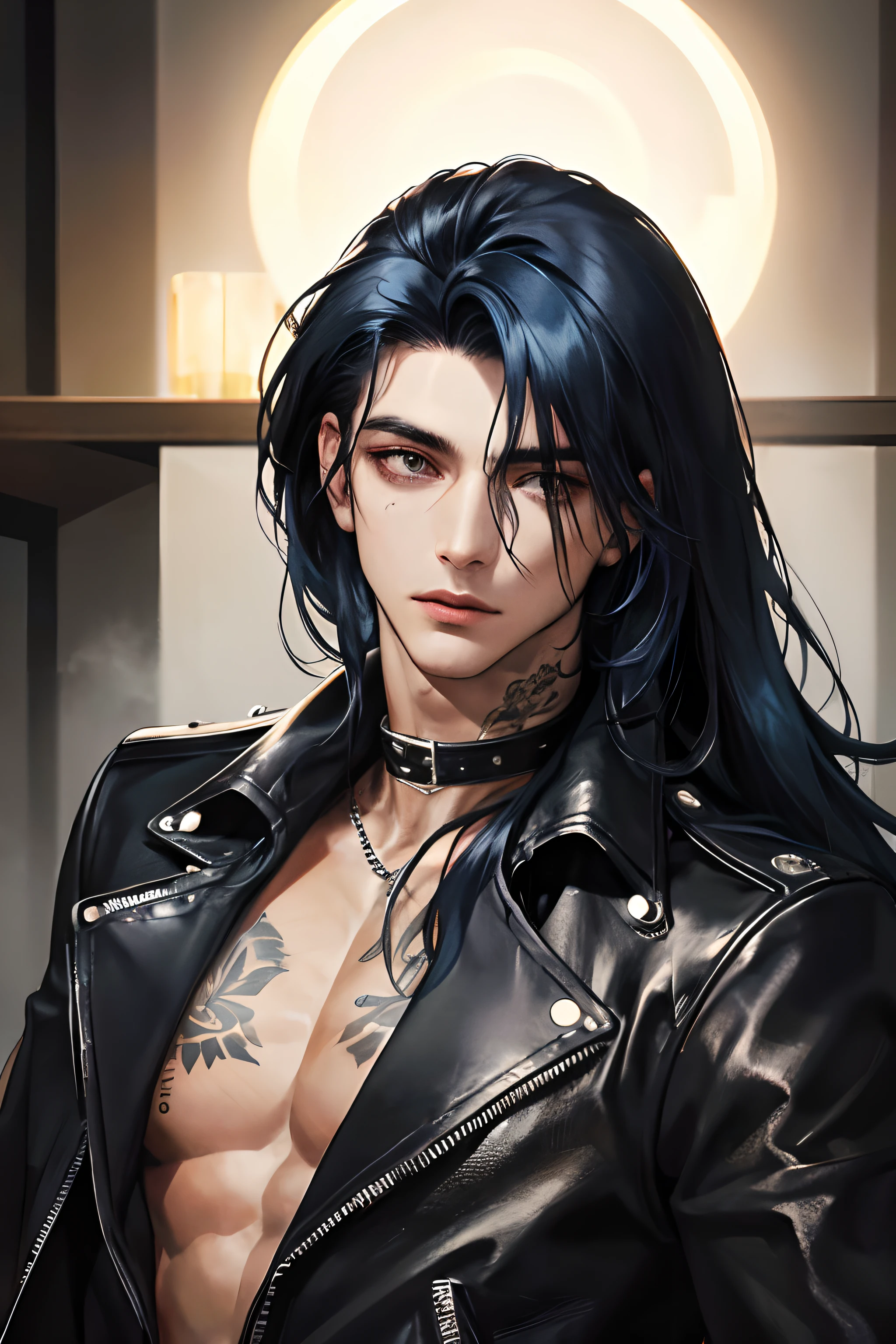 photography of a heavy metal star, a solo man, 25 years old, singer, bad boy, black eyes, expressive look, long dark blue black hair, bar on background, straight hair, blueshine hair, unshaven, black leather jacket, leather pants, chest tattoo, super detailed face, perfect body, perfect shapes, realistic image, award winning photography, 8k,