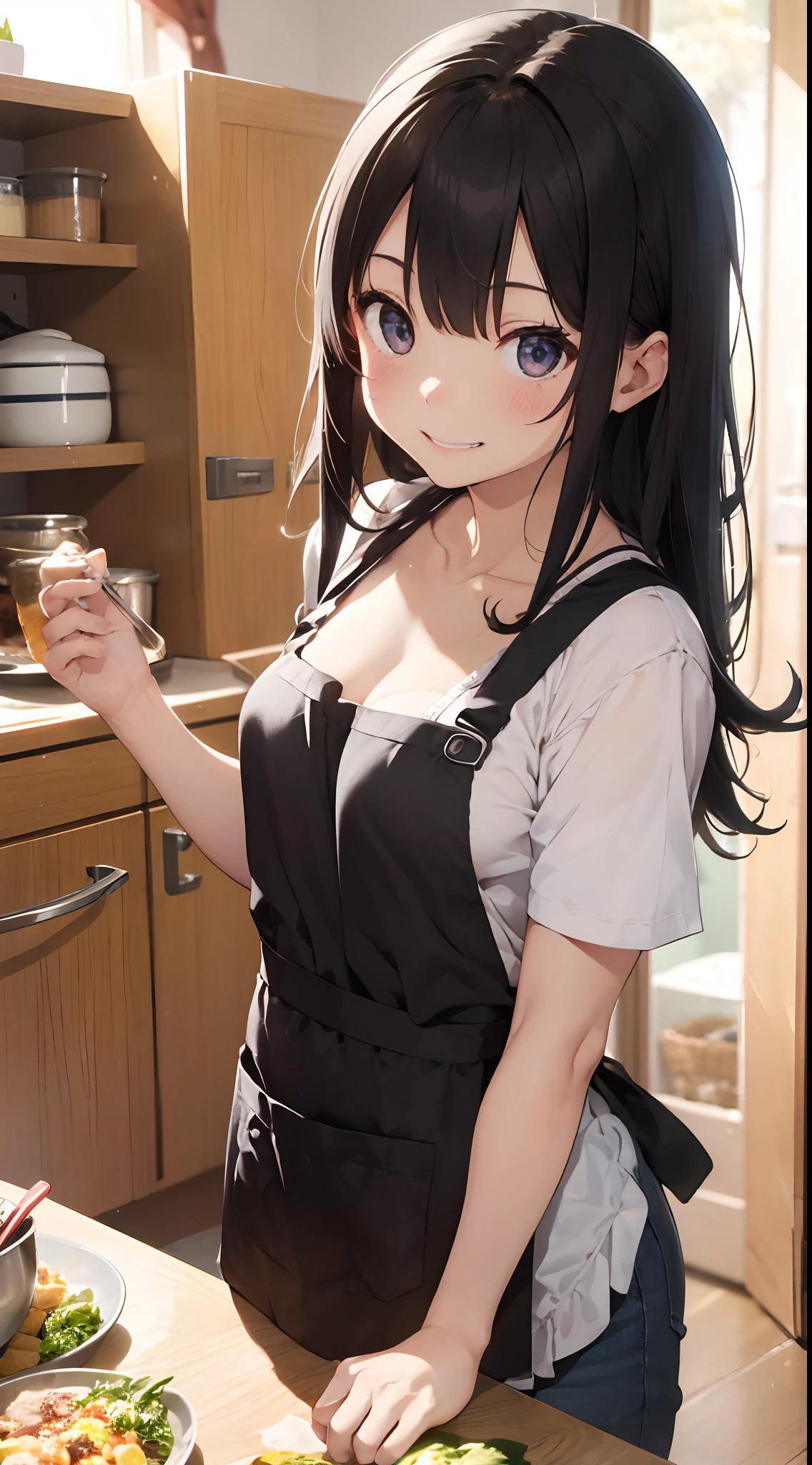 (Best quality:1.3), black braided hair, (naked:1.3), (apron), large breasts, thighs, smiling, cafe background, (blushing:1.3)