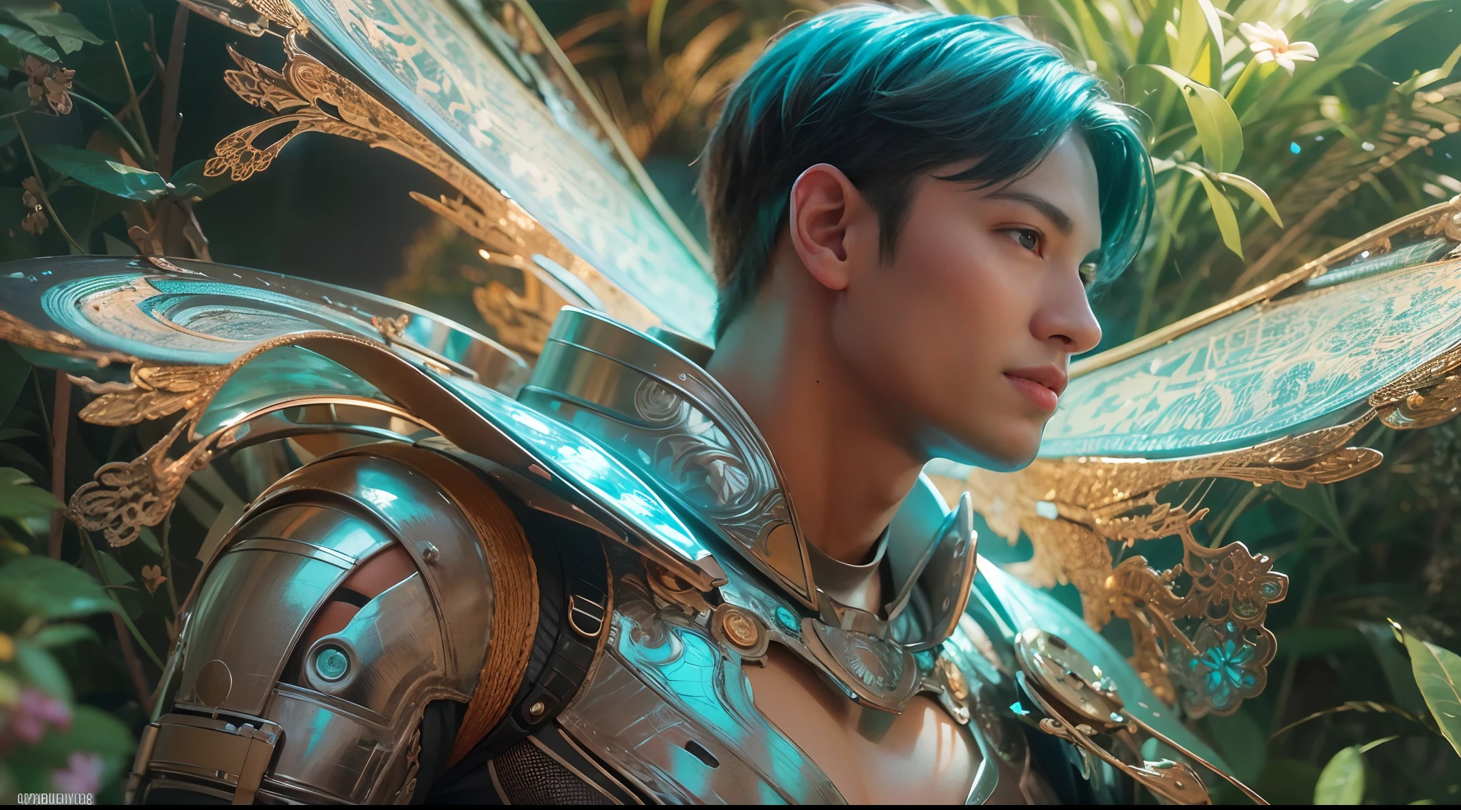 1boy, photo of very very handsome suave smiling young 25-year-old male Chinese prince, clothed in futuristic cybernetic armor, wearing a large futuristic crown, walking in a lush flower garden with many neon glowing butterflies, sci-fi, intricate, neon light, ((perfect face)), ((perfect hands)), ((perfect body)), ((correct anatomy)), ((ultra-realistic)), ((8k, UHD)), highly detailed, digital painting, artstation, concept art, human anatomy, soft light, smooth, illustration, art by tian zi and craig mullins and WLOP and alphonse mucha