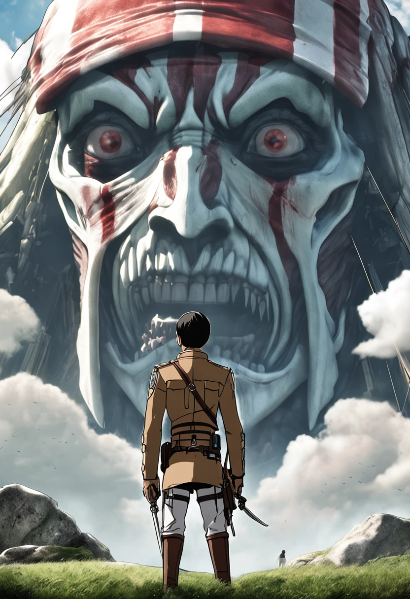 "Create a movie poster inspired by Hajime Isayama's Attack on Titan. Show Levi Ackerman wearing a Paradis Island uniform and ODM gear, gazing upwards at a Colossal Titan."