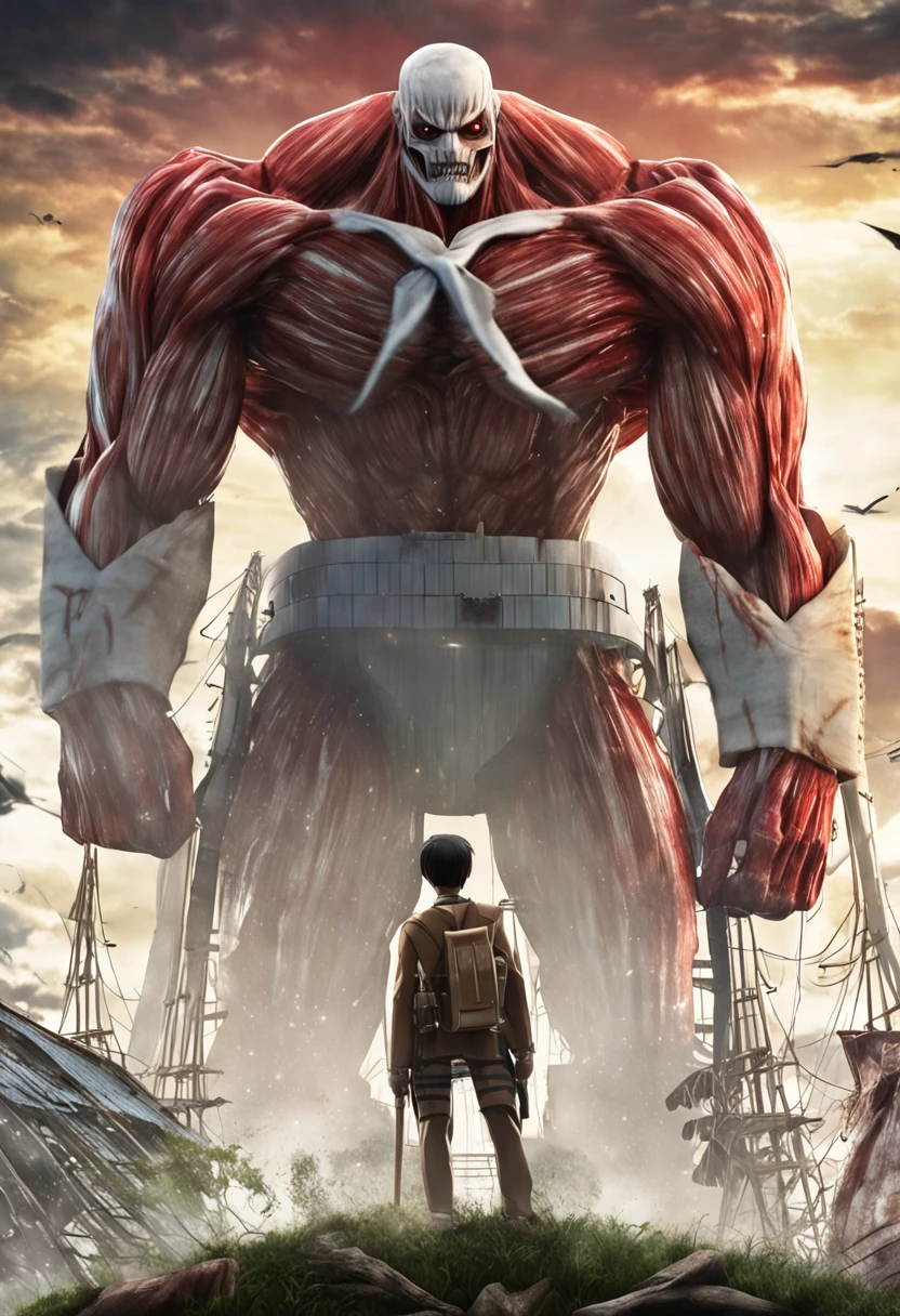 "Create a movie poster inspired by Hajime Isayama's Attack on Titan. Show Levi Ackerman wearing a Paradis Island uniform and ODM gear, gazing upwards at a Colossal Titan."