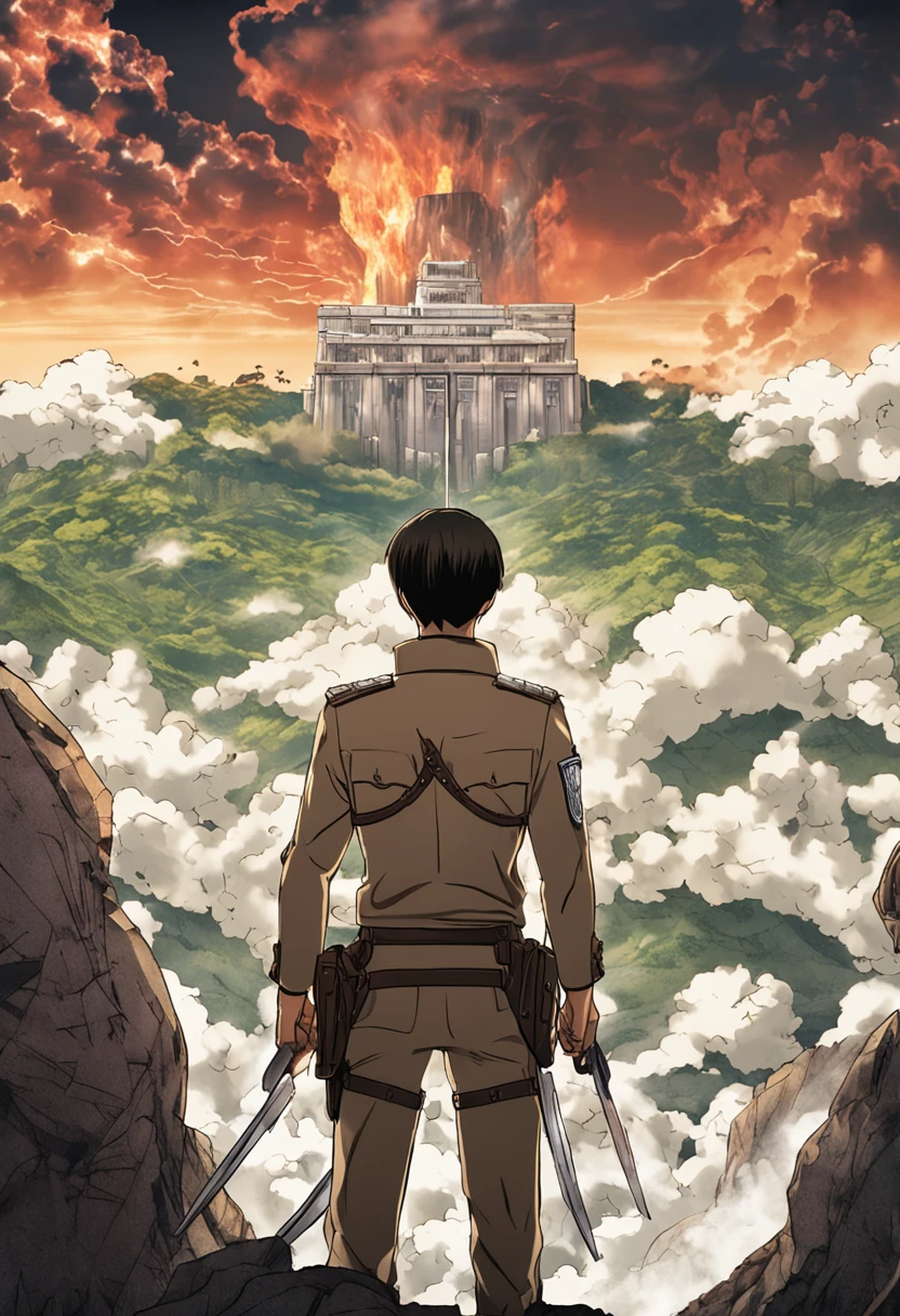 "Create a movie poster inspired by Hajime Isayama's Attack on Titan. Show Levi Ackerman wearing a Paradis Island uniform and ODM gear, gazing upwards at a Colossal Titan."