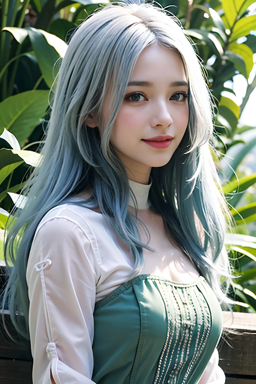 (8K), (Best Quality: 1.2), (Realistic), (Photorealistic: 1.37), Ultra Detailed, (Kissing), One Girl, Cute, Smile, Long Hair, Green Plants, Beautiful Eyes in Detail, Beautiful Nose, Full Body, Big, Darcefo, Pig's Nest, Women, White Hair