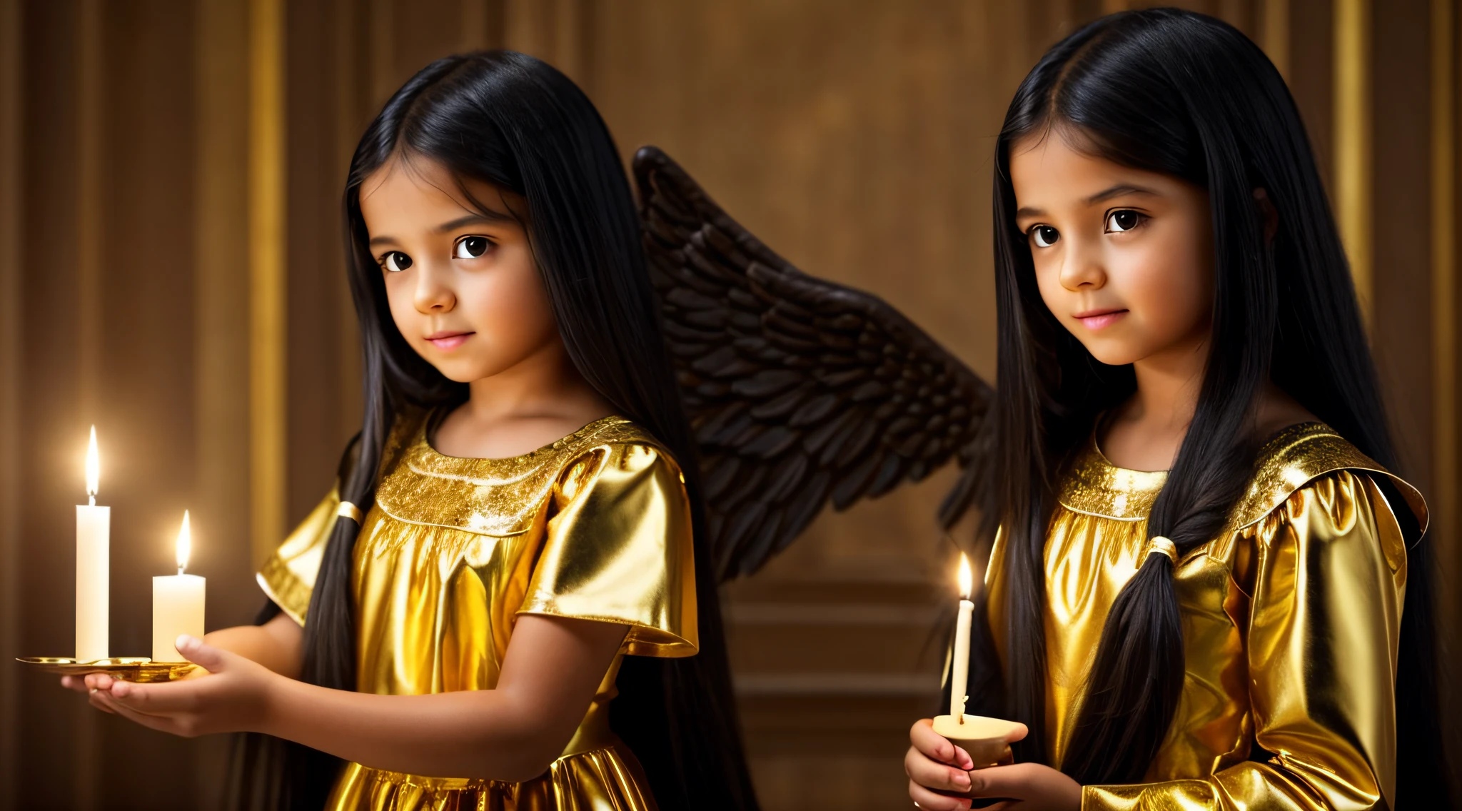 CHILDREN LONG HAIR BLACK HAIR GOLDEN ANGEL GIRL with candle accesses in hand.