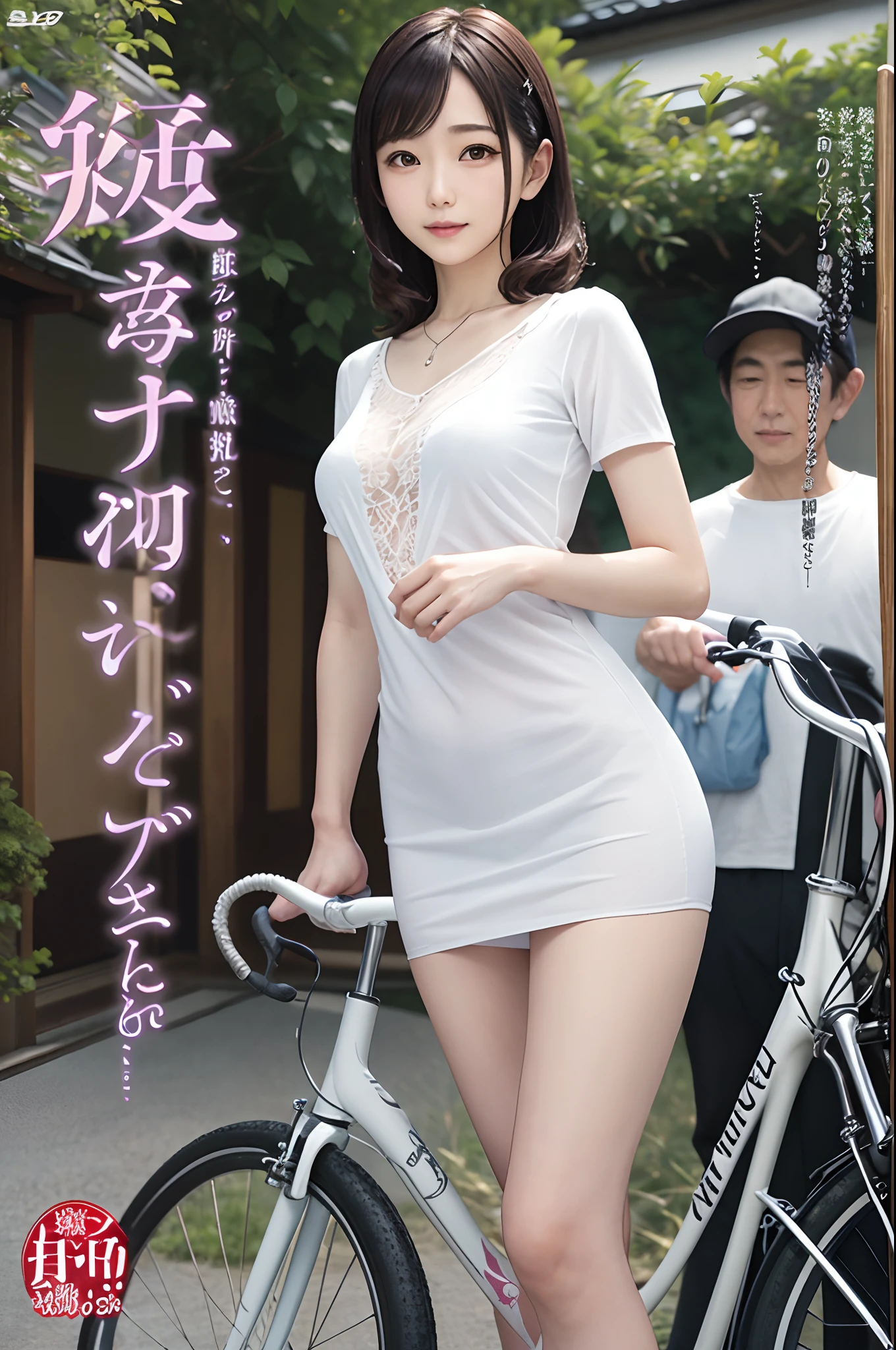 (​masterpiece)、(top-quality: 1.4)、absurderes、[:intricate-detail: 0.2]、1人の女性、SFW、JAV Cover、Japan woman in white dress standing next to bicycle, wearing a wet white short dress, Young farmer in Japan,