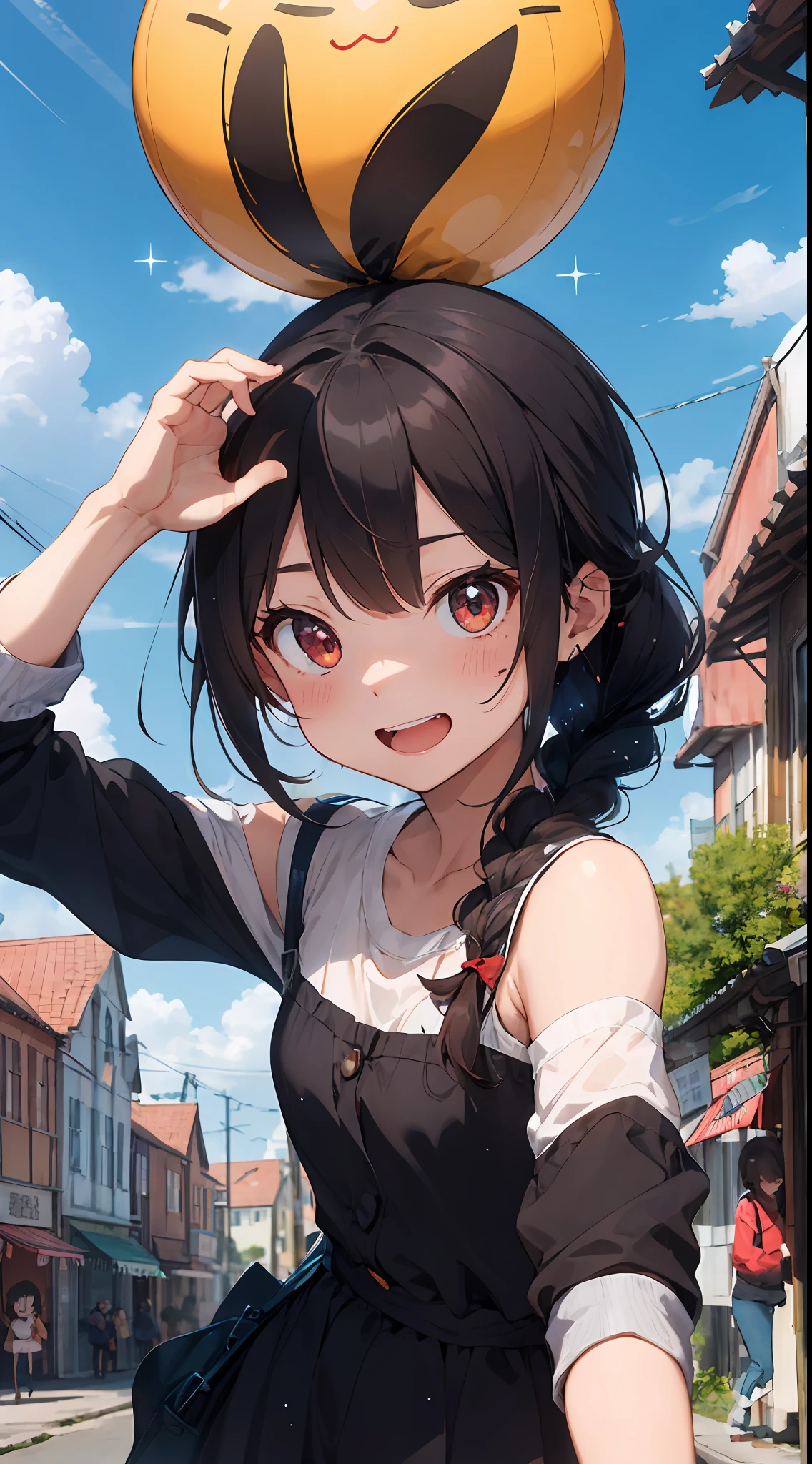 hair bunch、long eyeslashes、Round eyes、A slight smil、Ears are blushing、braid ponytail、expressive hair、Crystal hair、shinny hair、Hair on the nape、pupils are open、Jealousy、glitter、Angry blood vessels、Envy、Pick up、Crazy smile、 Tachie, surrealist, animesque, 真实感, Colors like Ghibli,Welcome to the quirky town of Funtonia。There、Not everything is as it seems。Central of the town square、Shimmer in the sun、Its eyes shine mischievously。The scene is vibrant、Colorful and、Founto must also be filled with details that further enhance the humor and charm of a