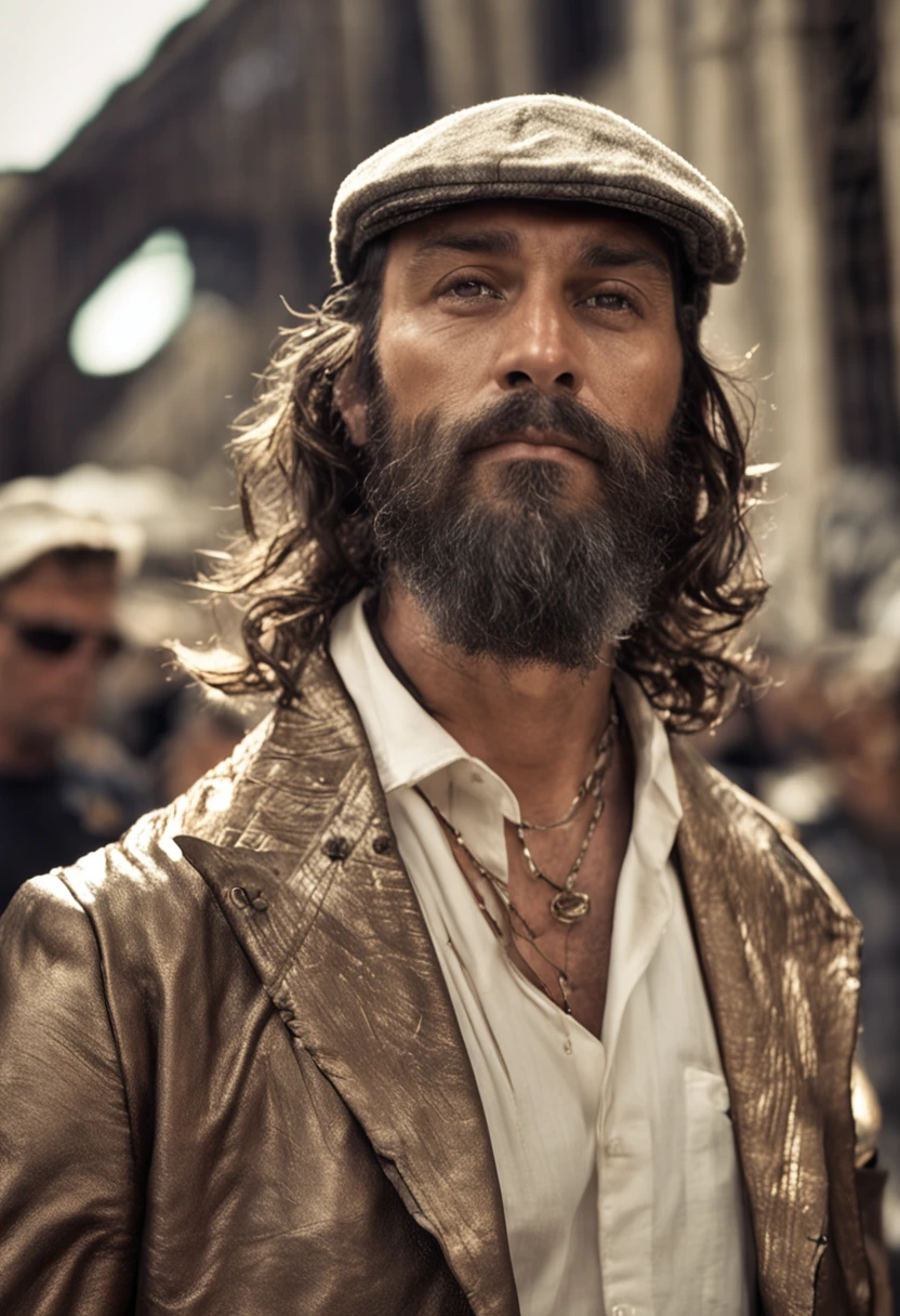 arte realista, um homem fumando um cigarro, com seus cabelos lisos de cor morena, um penteado lateral e laterais aparadas, sem barba, com tom pardo de sua pele, que inclina-se para o mais escuro, and highlight your stunning Amber eyes, which have a practically rare color in the world - a red-orange. Descreva como esses olhos brilham de forma hipnotizante, capturing the attention of everyone on site. Detalhe o terno que ele veste, composed of a metallic silk jacket and a pair of pants made of the same flexible and soft material, ambos na cor preta. Mencione os sapatos de couro e as luvas negras bem ajustadas que ele usa. Emphasize the elegance of the costume, without the presence of a tie. Transmita a aura de jovialidade que o homem emana, apesar de aparentar ter cerca de vinte e poucos anos.