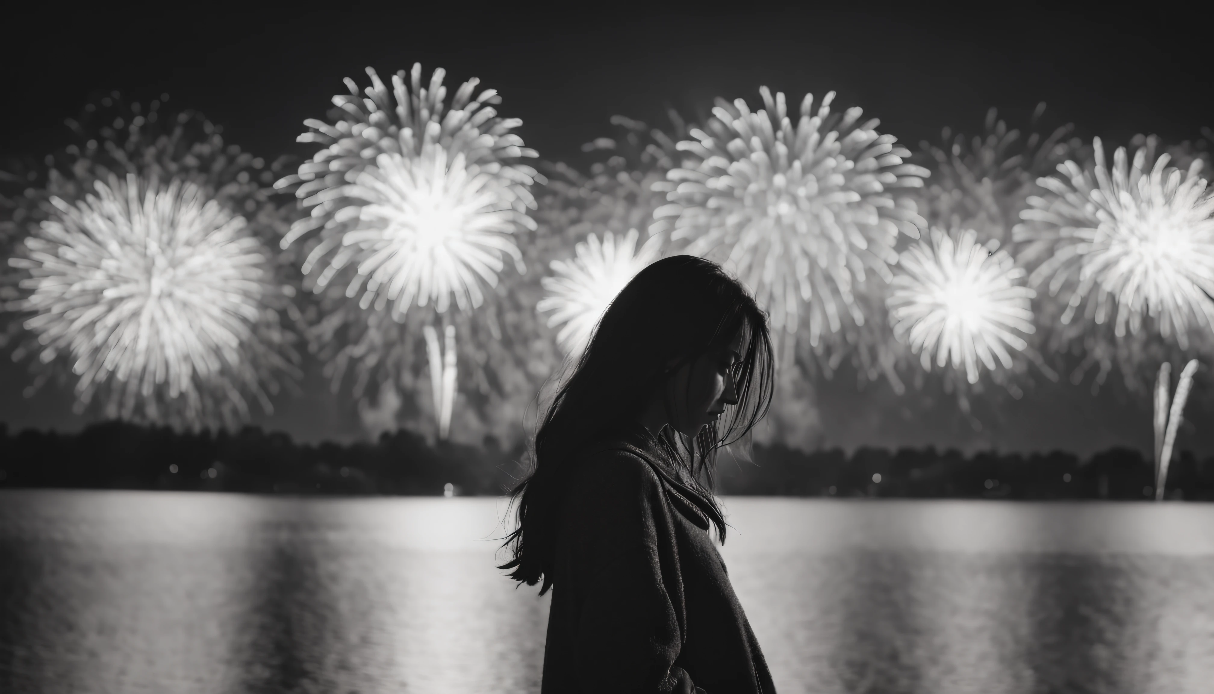 backlighting ((silhouette)), (masterpiece), photorealistic of 1girl, sad, look down, in sorrow, from behind, full body, ((windblown hair)), best proportion, outdoor, night scene, ((monochrome)), (((fireworks))), bokeh, wideshot, ((Black and white)), ((grayscale)), from below