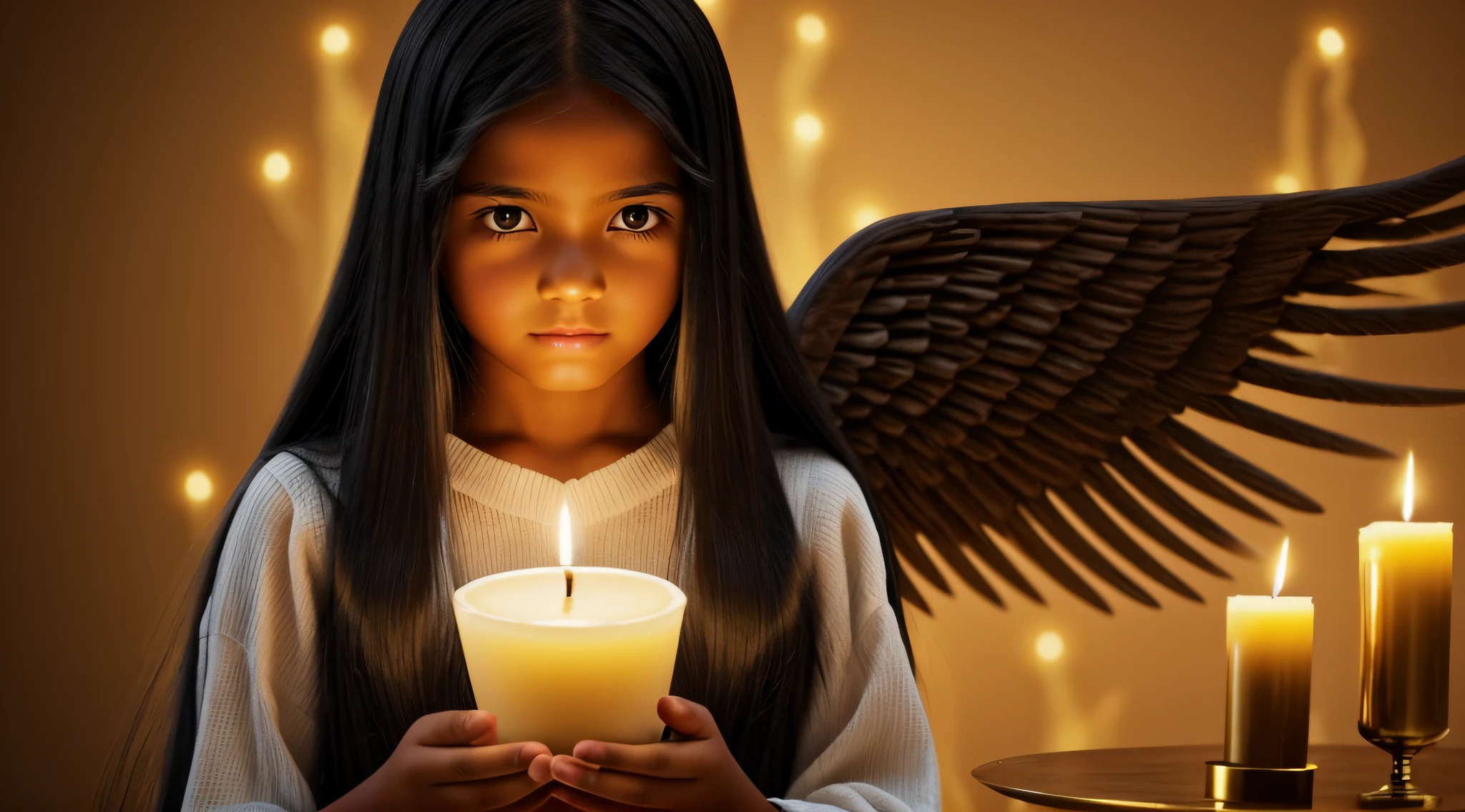CHILDREN LONG HAIR BLACK HAIR GOLDEN ANGEL GIRL with candle accesses in hand.