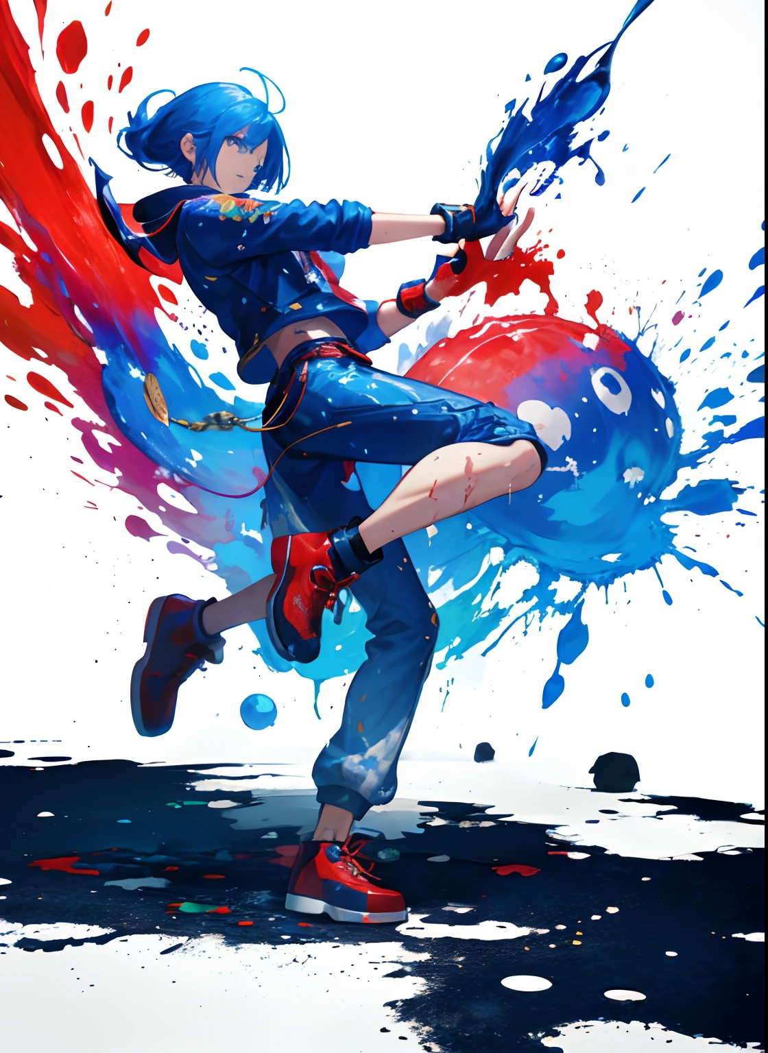 (top-quality、Photorealsitic、colourfull、foco nítido)、(full body Esbian、wide Shots)、A detailed face、
1girl in、Jackson Pollock Action Painting、Kinetic representation、(Minimalism in splatter and drip art:1.1)、White background on canvas、studio、Bluemary、Fatal Fury、KOF、Game Character、