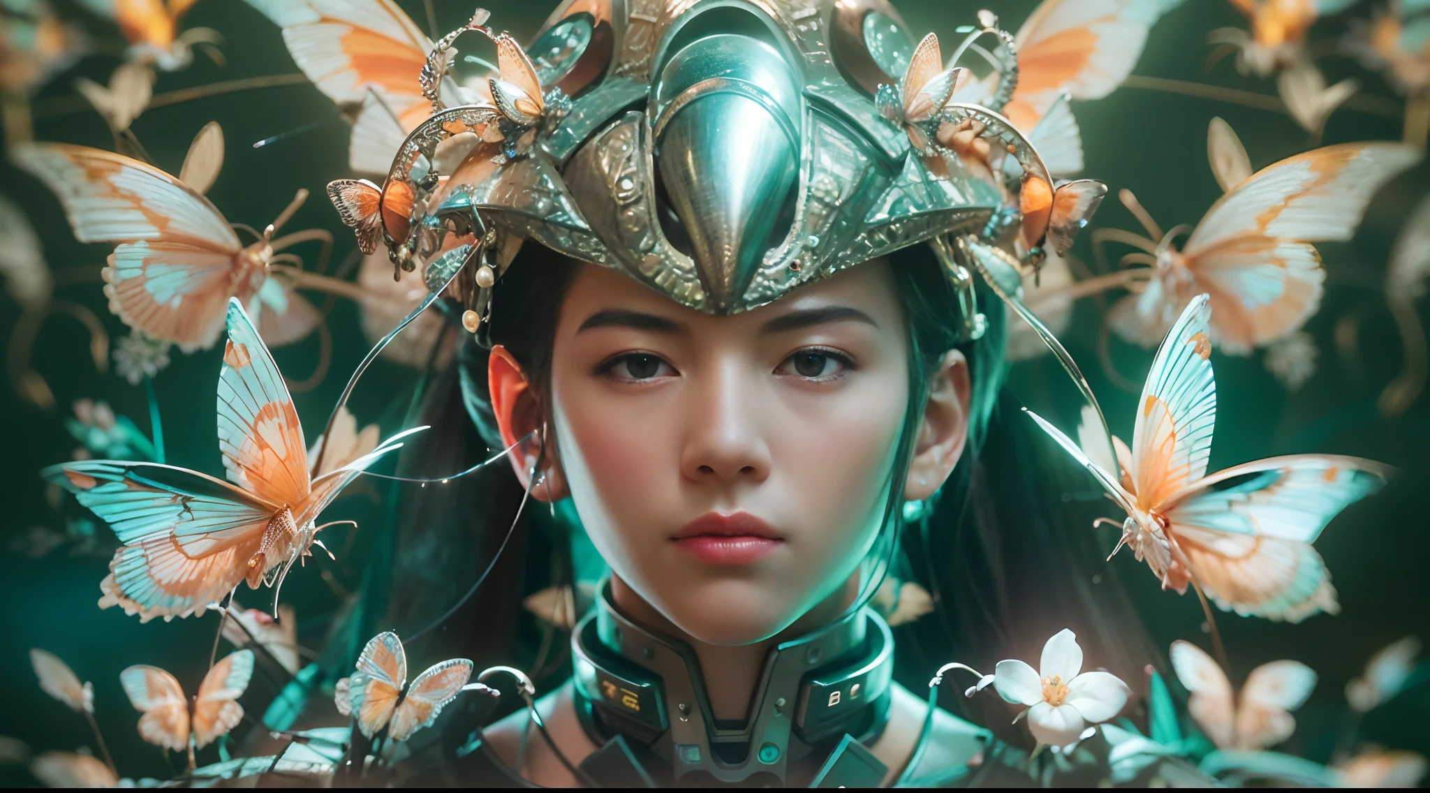 1boy, photo of very very handsome suave smiling young 25-year-old male Chinese prince, clothed in futuristic cybernetic armor, wearing a large futuristic crown, walking in a lush flower garden with many neon glowing butterflies, sci-fi, intricate, neon light, ((perfect face)), ((perfect hands)), ((perfect body)), ((correct anatomy)), ((ultra-realistic)), ((8k, UHD)), highly detailed, digital painting, artstation, concept art, human anatomy, soft light, smooth, illustration, art by tian zi and craig mullins and WLOP and alphonse mucha
