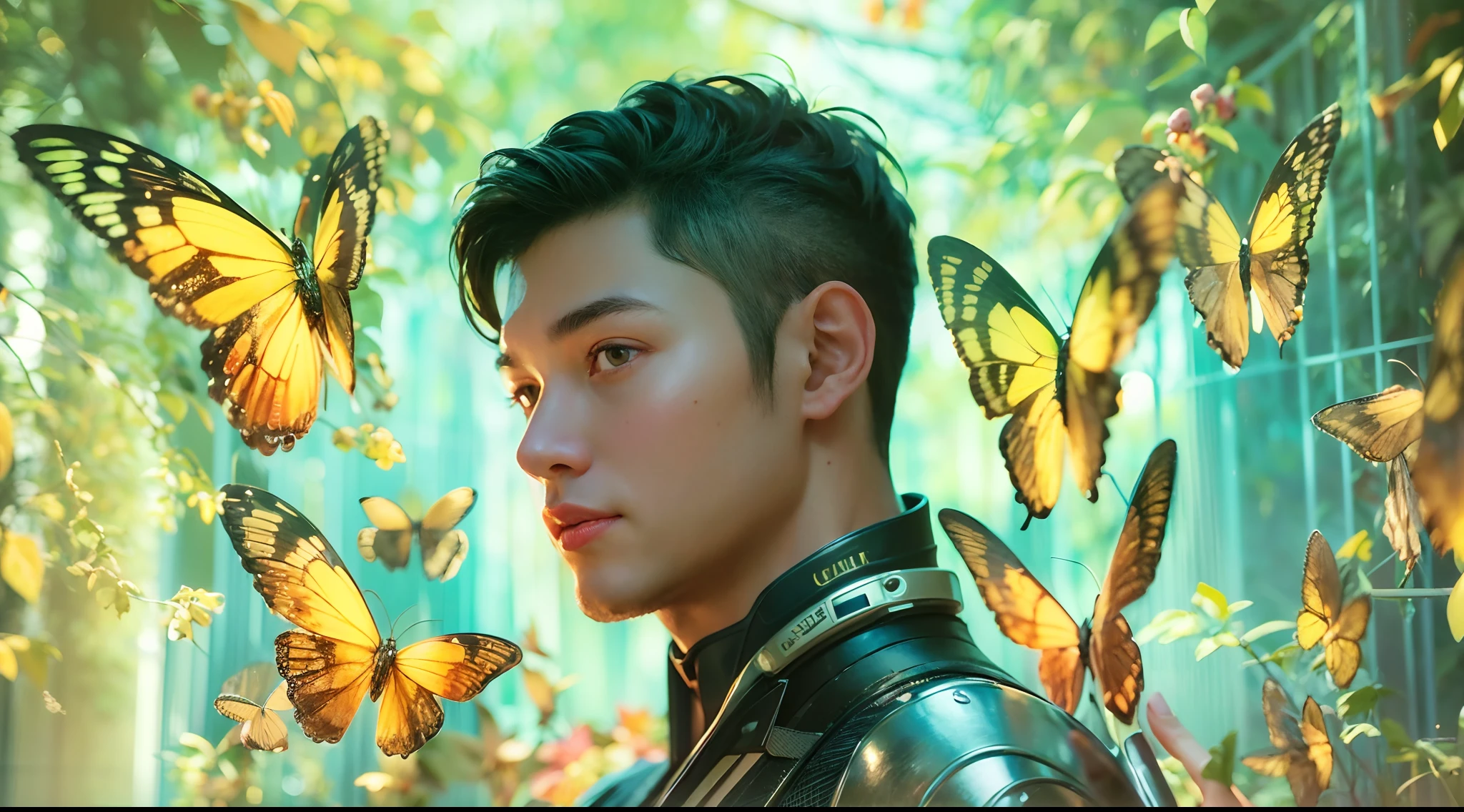 1boy, photo of very very handsome suave smiling young 25-year-old male Chinese prince, clothed in futuristic cybernetic armor, wearing a large futuristic crown, walking in a lush flower garden with many neon glowing butterflies, sci-fi, intricate, neon light, ((perfect face)), ((perfect hands)), ((perfect body)), ((correct anatomy)), ((ultra-realistic)), ((8k, UHD)), highly detailed, digital painting, artstation, concept art, human anatomy, soft light, smooth, illustration, art by tian zi and craig mullins and WLOP and alphonse mucha
