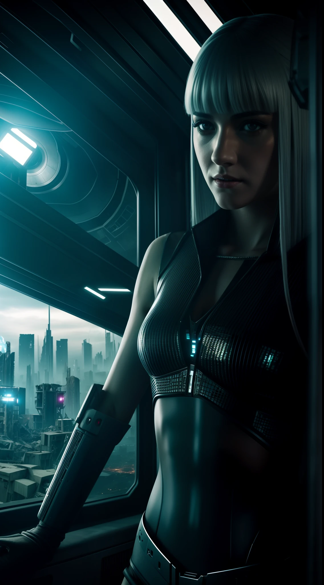 Replicant: Kainé, selfie, Wrecked City, nave espacial, HDR, Melhor qualidade, alta resolução, 8K, foto-realista