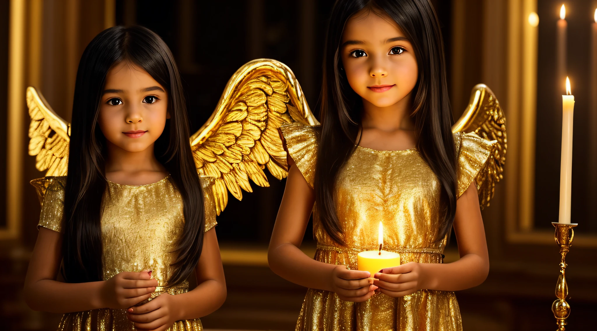 CHILDREN LONG HAIR BLACK HAIR GOLDEN ANGEL GIRL with candle accesses in hand.