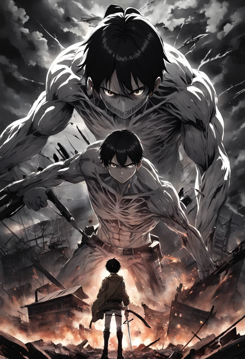 Generate a moody and emotionally black and white movie poster in the style of Hajime Isayama's Attack on Titan. The poster should prominently feature Eren Jaeger, wearing a Paradis Island uniform and ODM gear, looking towards a city that was just obliterated
