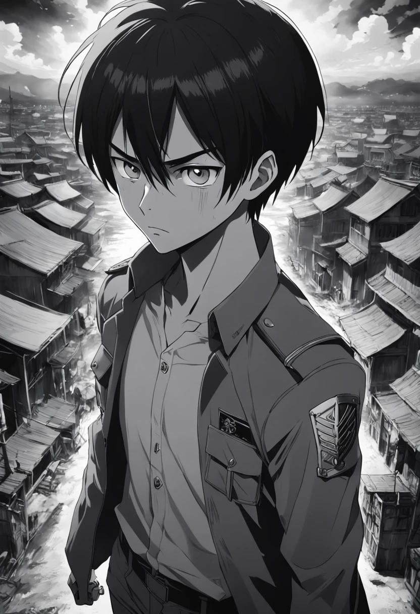 Generate a moody and emotionally black and white movie poster in the style of Hajime Isayama's Attack on Titan. The poster should prominently feature Eren Jaeger, wearing a Paradis Island uniform and ODM gear, looking towards a city that was just obliterated