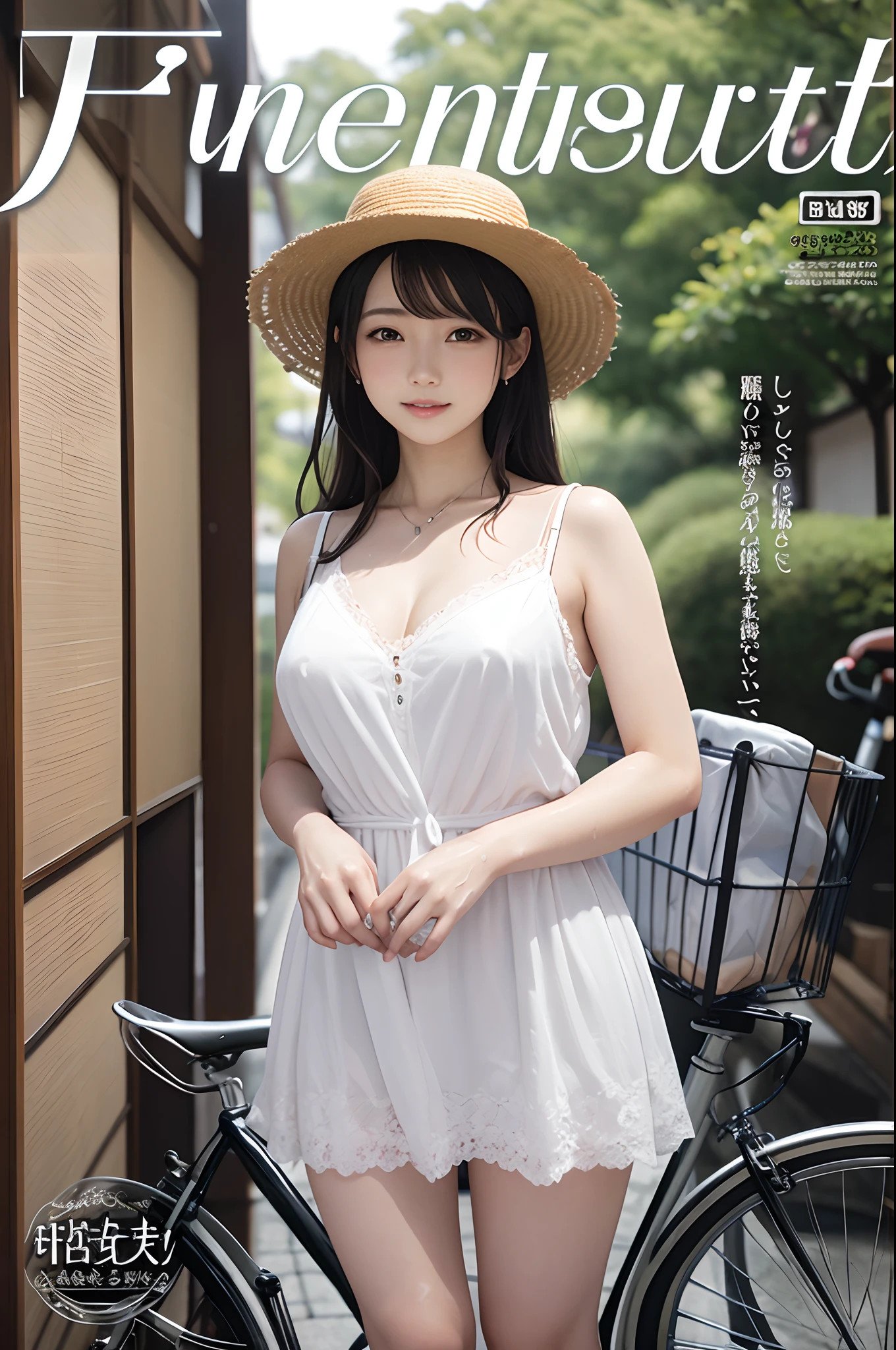 (​masterpiece)、(top-quality: 1.4)、absurderes、[:intricate-detail: 0.2]、1 girl in、SFW、JAV Cover、Girl in white dress standing next to bicycle、japanes、wearing a wet white short dress、Young farmers in Japan、a straw fedora hat、Happy