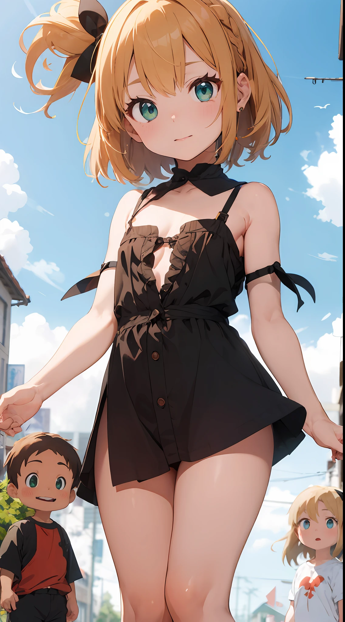 top-quality、masterpiece、The upper part of the body、 (little man:1.6)Ukrainian women、(a smirk:0.4)、 braided blond hair、 emerald eyes、 Medieval dress neckline、 Ghibli's Worldview、central、Blur the background、独奏、flat chest , Flat、childish、In body type、todd