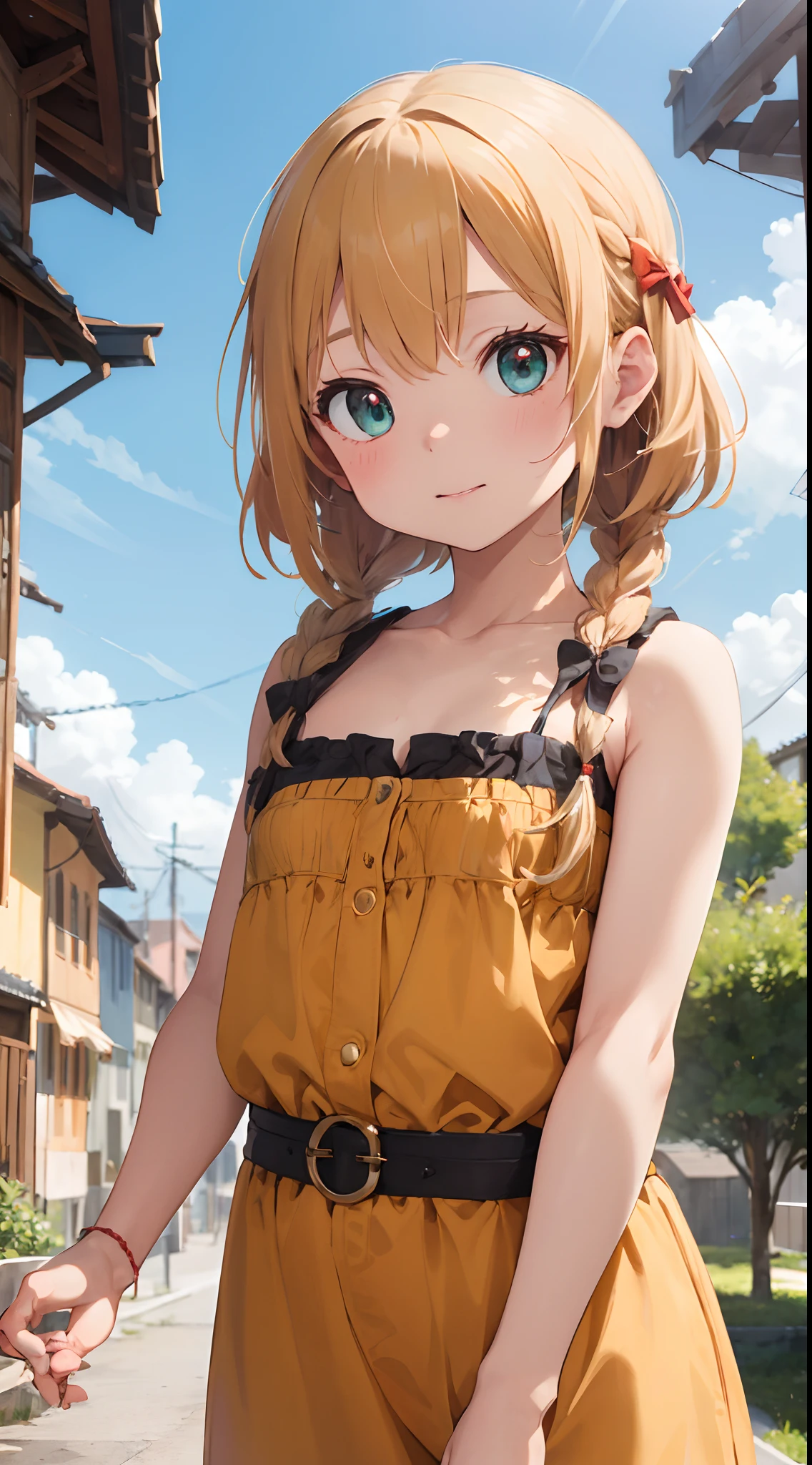 top-quality、​masterpiece、The upper part of the body、 (little man:1.6)Ukrainian women、(a smirk:0.4)、 braided blond hair、 emerald eyes、 Medieval dress neckline、 Ghibli's Worldview、central、Blur the background、独奏、flat chest , Flat、childish、Infant body type、toddlers