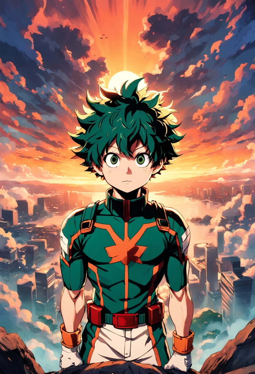 "Create a stunning movie poster inspired by Kohei Horikoshi's my hero academia, showcasing Deku in his iconic hero uniform gazing into the mesmerizing sunset."