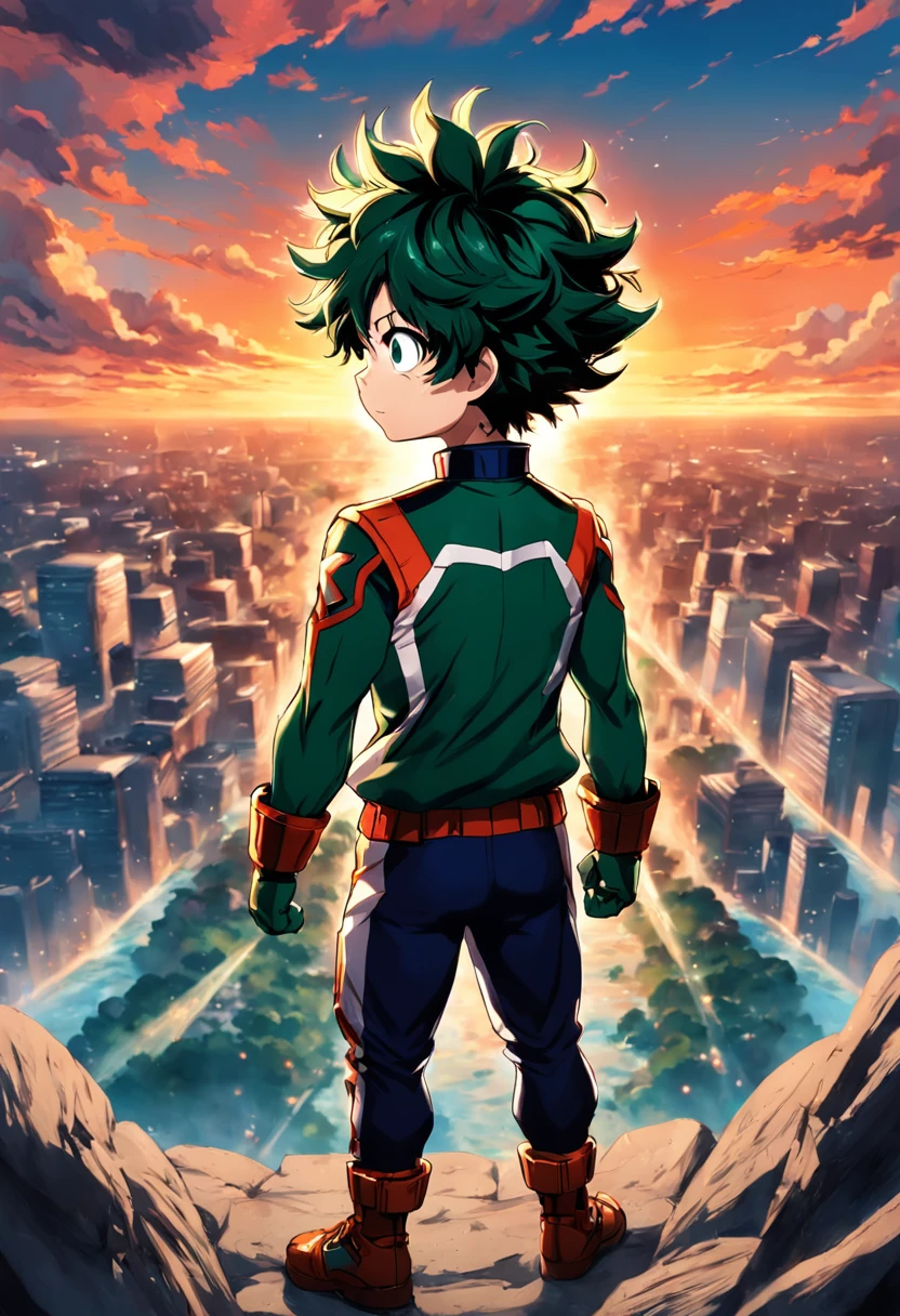 "Create a stunning movie poster inspired by Kohei Horikoshi's my hero academia, showcasing Deku in his iconic hero uniform gazing into the mesmerizing sunset."