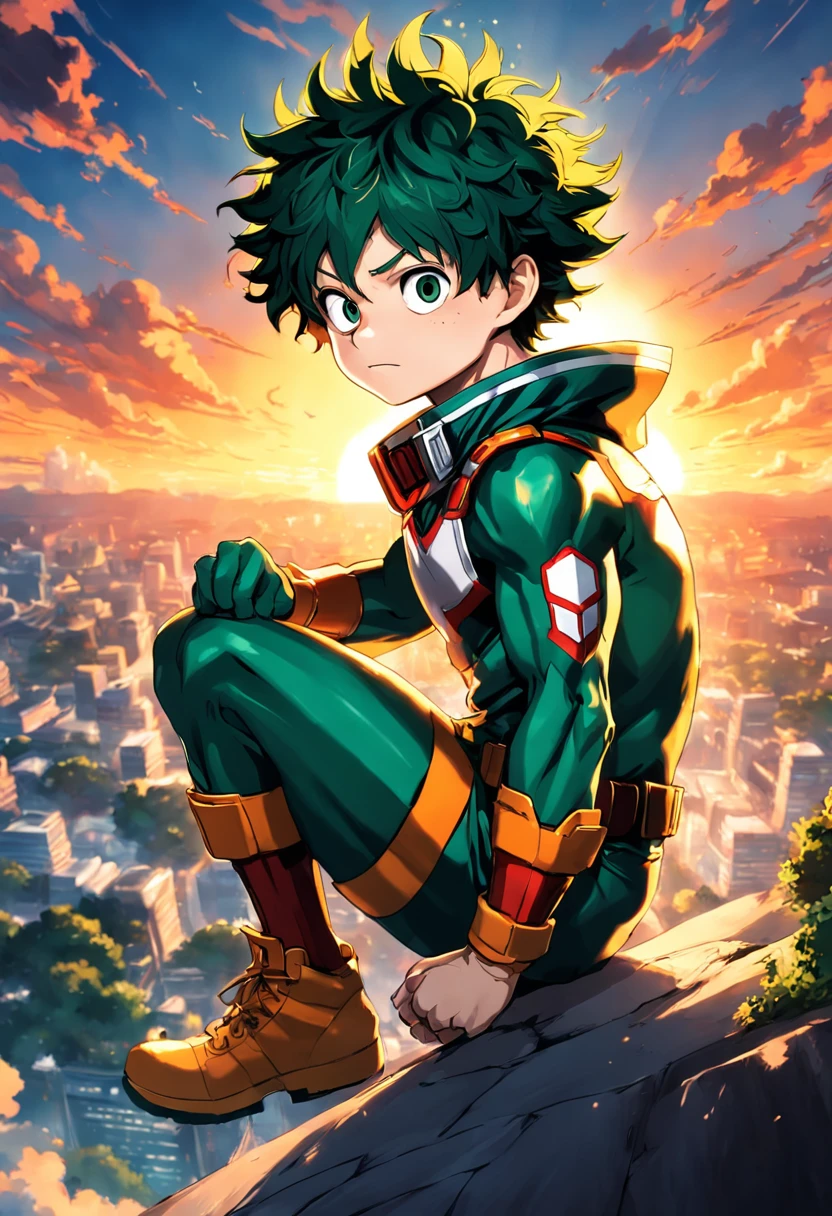 "Create a stunning movie poster inspired by Kohei Horikoshi's my hero academia, showcasing Deku in his iconic hero uniform gazing into the mesmerizing sunset."