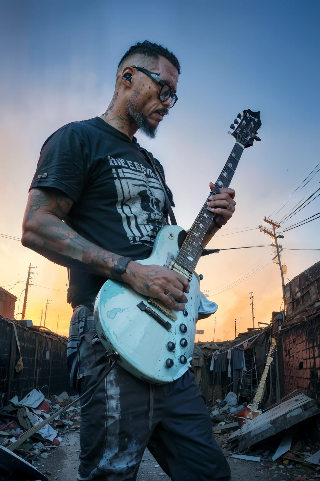 nerdphoton1, A black metal guy plays his guitar on the last day on earth , post-apocalyptic destroyed city background (colorful aquarell )