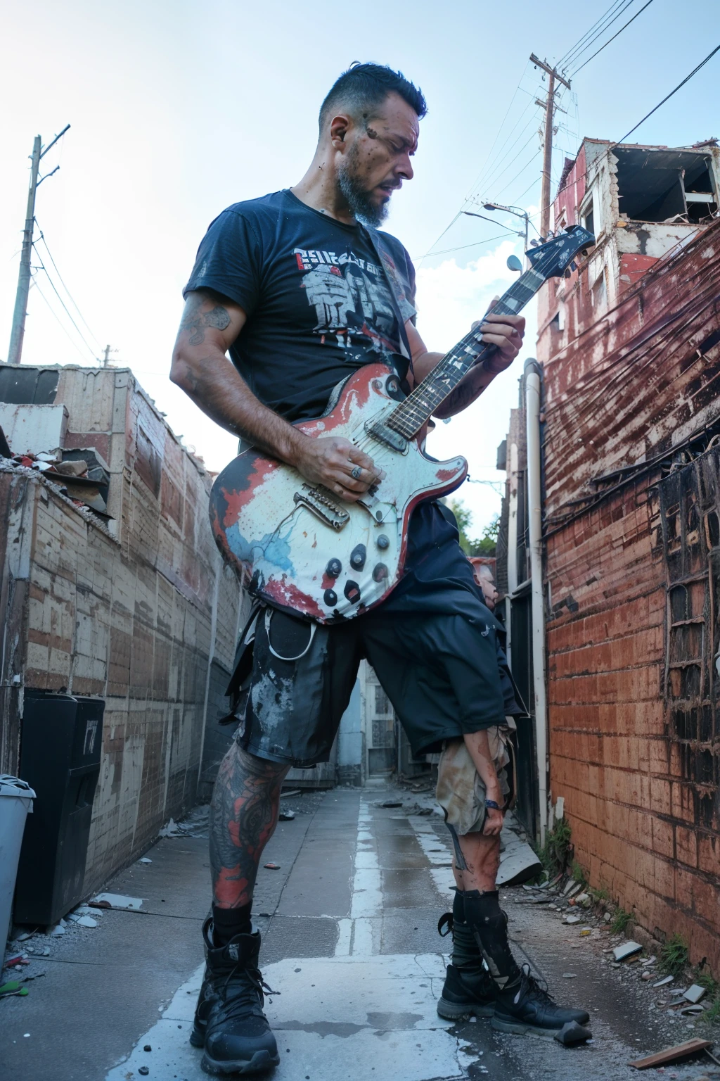 nerdphoton1, A black metal guy plays his guitar on the last day on earth , post-apocalyptic destroyed city background (colorful aquarell )