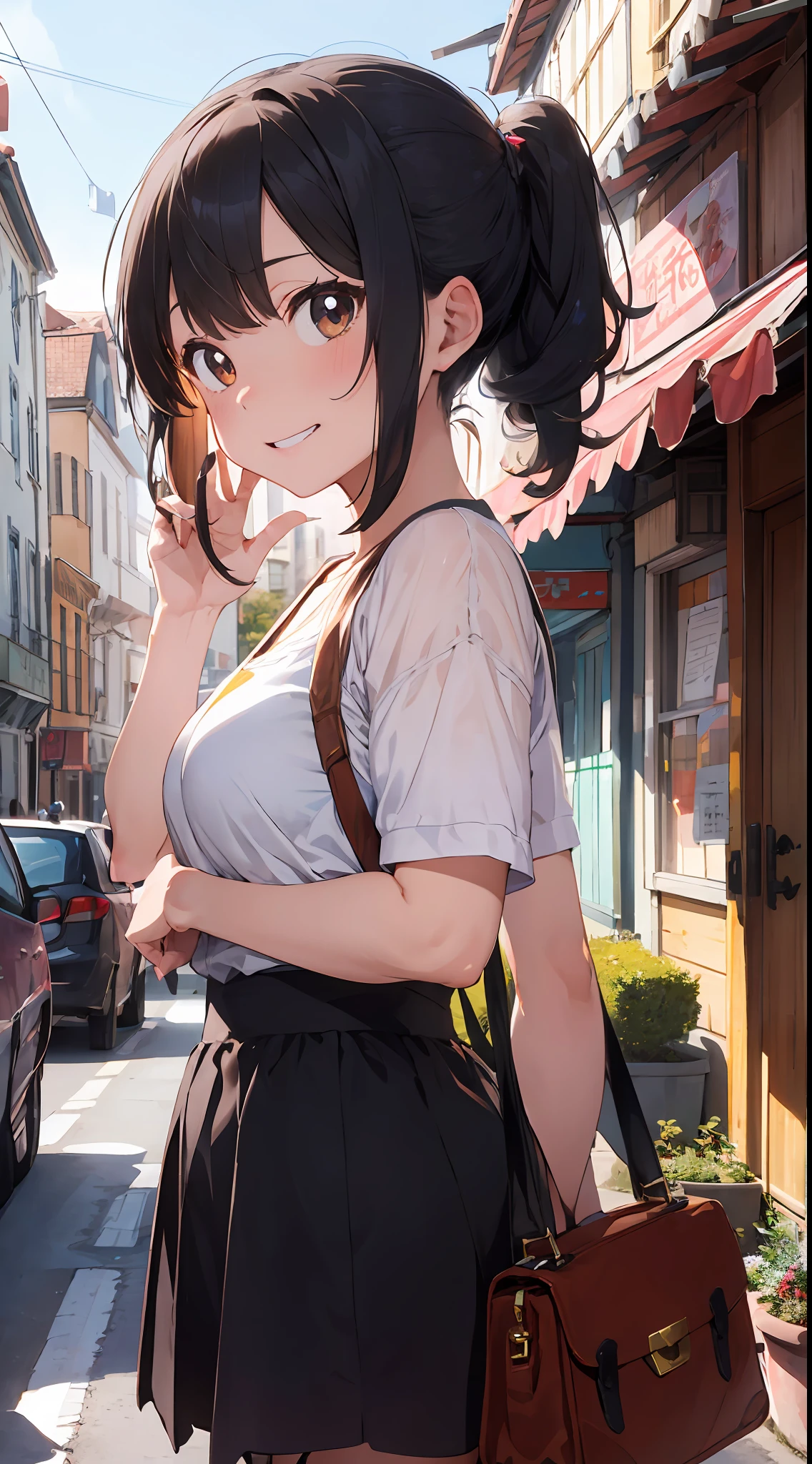 girl, Solo, Braids, long eyelashes, Round eyes, Smile, blushing ears, braided ponytails, expressive hair, crystal hair, Shiny hair, Hair on the nape, dilated pupils, envy, brilliance, anger vein, envy, sulking, Mad Smile, Standing Pictures, surrealism, Anime, Realism, ghibli-like colors, Welcome to the quirky town of Funtonia. There, Not everything is as it seems. In the middle of the town square, Shimmer in the sun, Its eyes shine mischievously. The scene should be vibrant, Colorful and、It's packed with Founto's humor and details that add to its charm