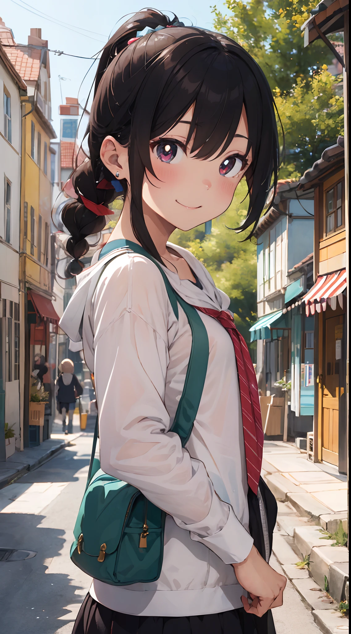 girl, solo, tresses, long eyelashes, round eyes, smile, blushing ears, braided ponytail, expressive hair, crystal hair, shiny hair, nape hair, dilated pupils, jealousy, Sparkles, veins of anger, envy, sulking, mad smiles, standing pictures, surrealism, anime, realism, colors like Ghibli, welcome to the quirky town of Funtonia. There, everything is not as it seems. In the middle of the town square, twinkling in the sun, its eyes glisten mischievously. The scene should be vibrant, colorful and filled with details that add to the humor and charm of Founto too