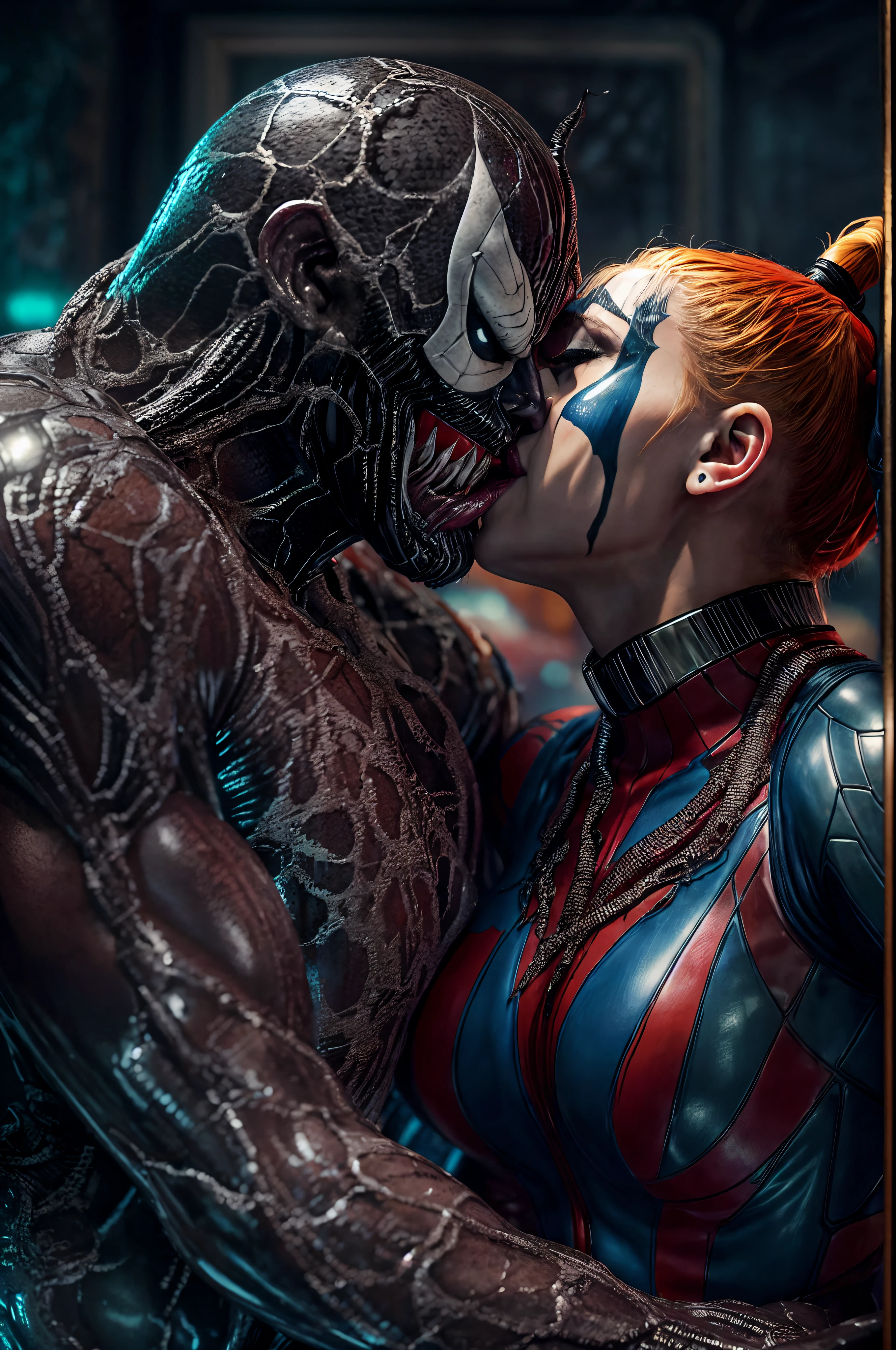 An intricate venom villian kissing Harley Quinn's body, head first, , extremely detailed suit, micro-details, photorealism, one light, dark photo, deep shadows, shallow depth of field, photorealistic, Surrealism, high quality, masterpiece, 8k, 8k, super detail, full body portrait, extremely muscular, black slime, sticky goo