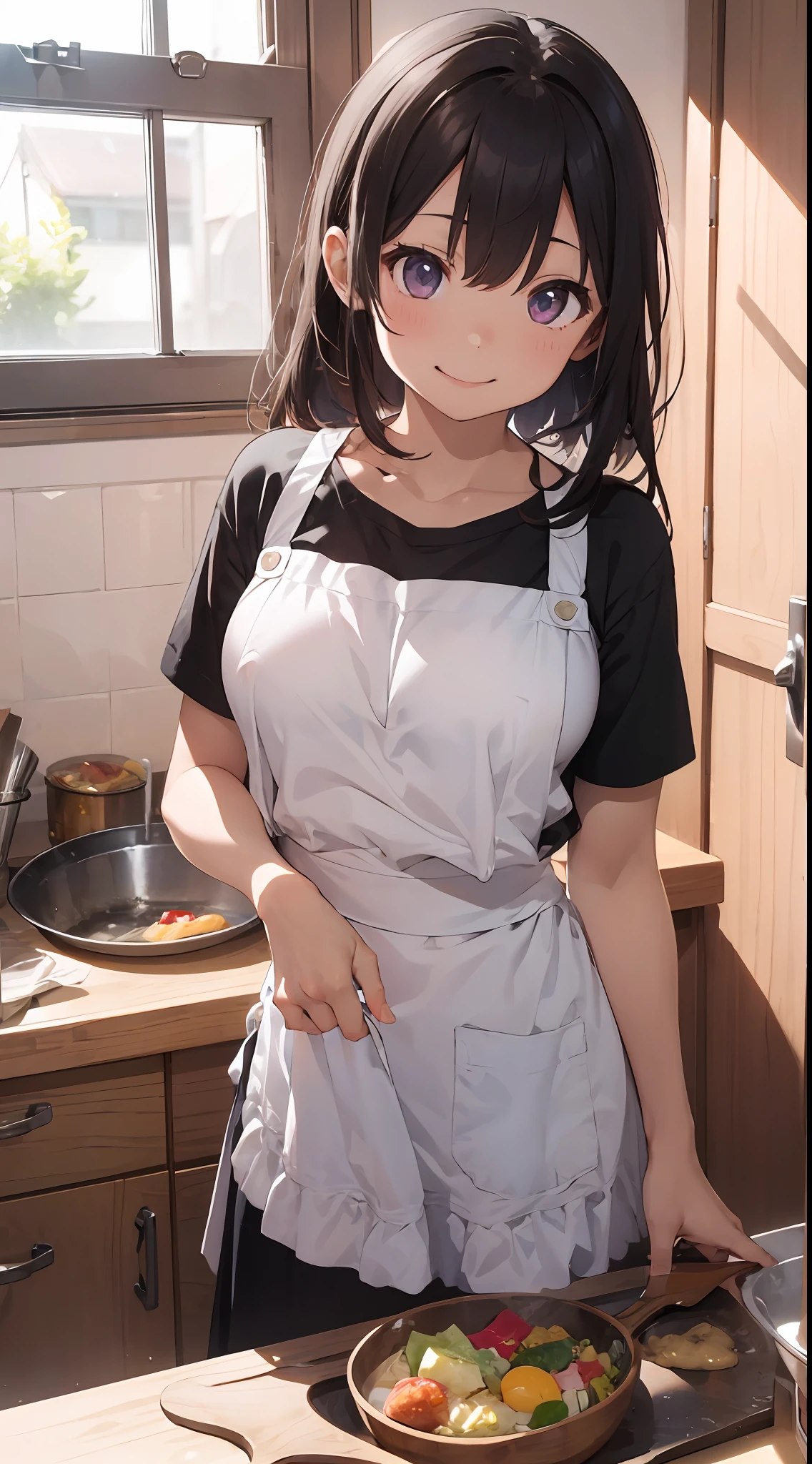 1girl in、toddlers, a smile、Cooking in your room、barechested、Wearing only an apron、（（small tits））、