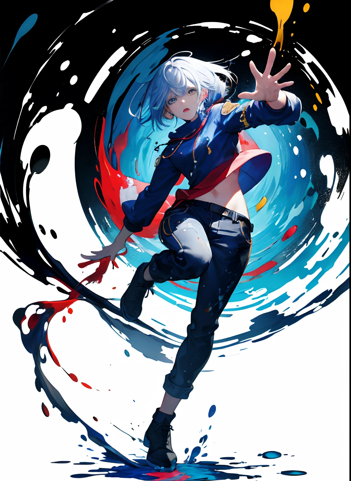 (top-quality、Photorealsitic、colourfull、foco nítido)、(full body Esbian、wide Shots)、A detailed face、
1girl in、Jackson Pollock Action Painting、Kinetic representation、(Minimalism in splatter and drip art:1.1)、White background on canvas、Ascending Dragon Fist