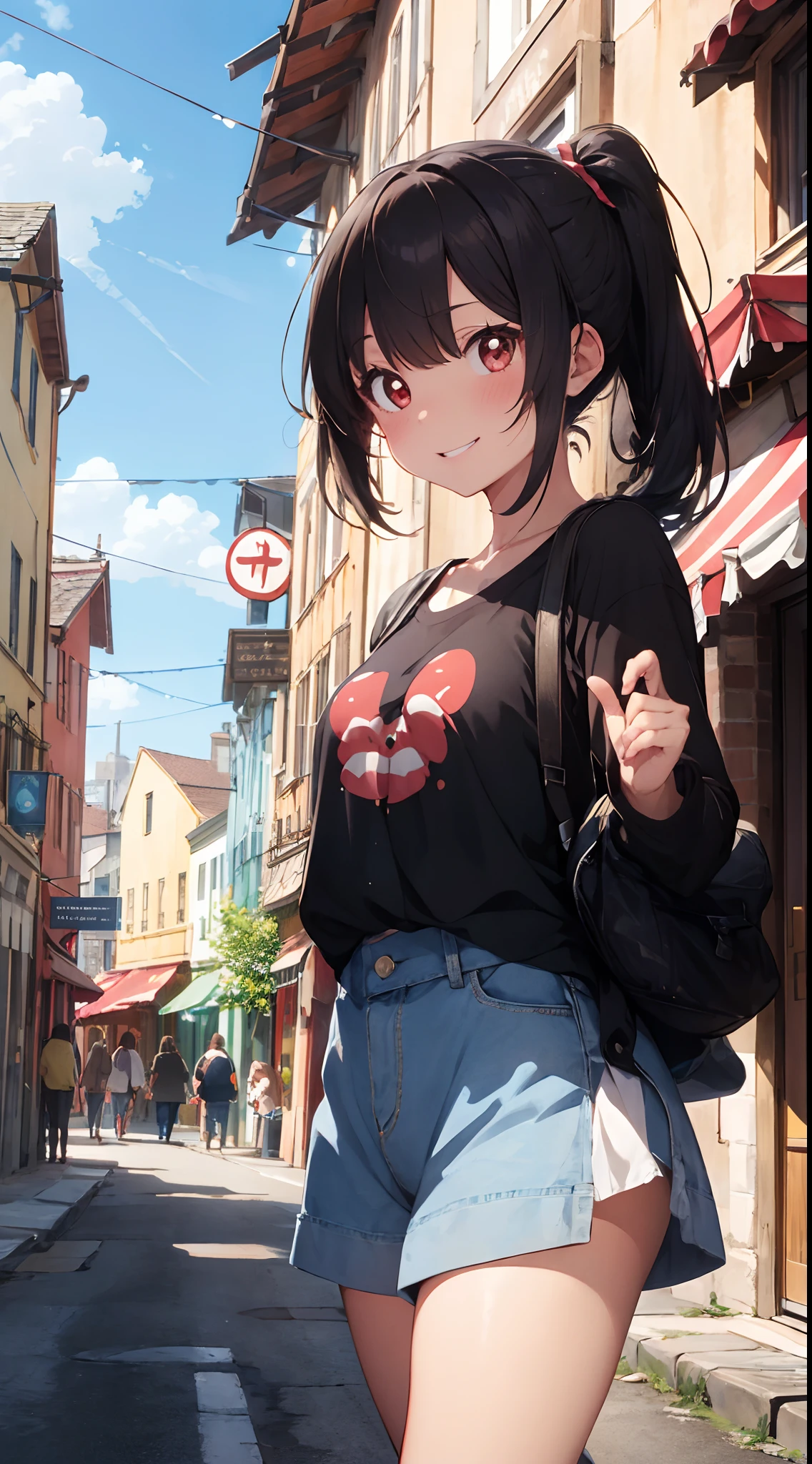 girl, solo, tresses, long eyelashes, round eyes, smile, blushing ears, braided ponytail, expressive hair, crystal hair, shiny hair, nape hair, dilated pupils, jealousy, Sparkles, veins of anger, envy, sulking, mad smiles, standing pictures, surrealism, anime, realism, colors like Ghibli, welcome to the quirky town of Funtonia. There, everything is not as it seems. In the middle of the town square, twinkling in the sun, its eyes glisten mischievously. The scene should be vibrant, colorful and filled with details that add to the humor and charm of Founto too
