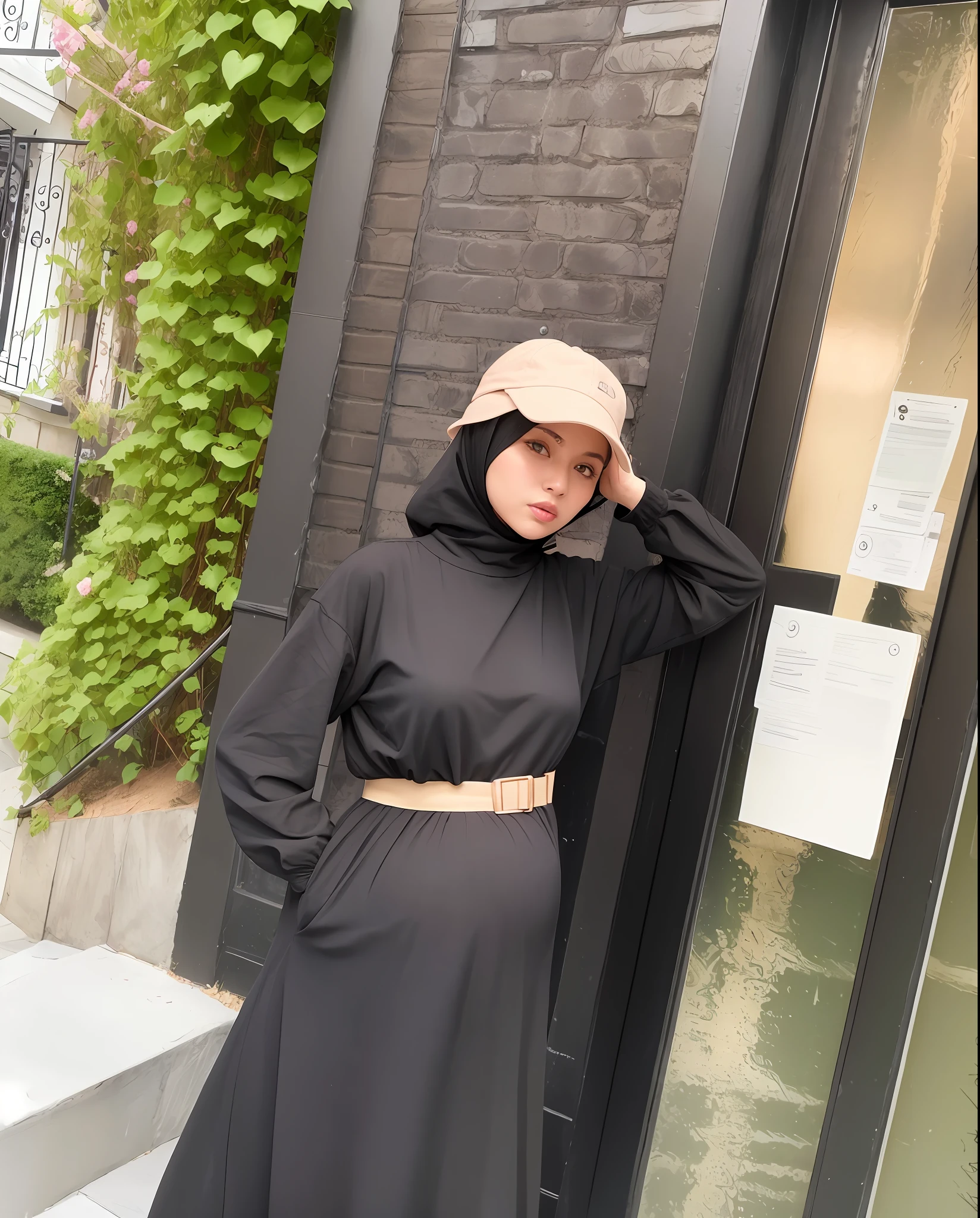 pregnant woman in black dress and hat leaning against a door, wearing black old dress and hat, wearing black dress and hat, hijab, she is wearing streetwear, wearing japanese techwear, wearing a fisher, actress, wearing black modern clothes, instagram post, with hat, woman in streetwear, black oversized clothes, profile shot, h 7 0 4, with big boobs