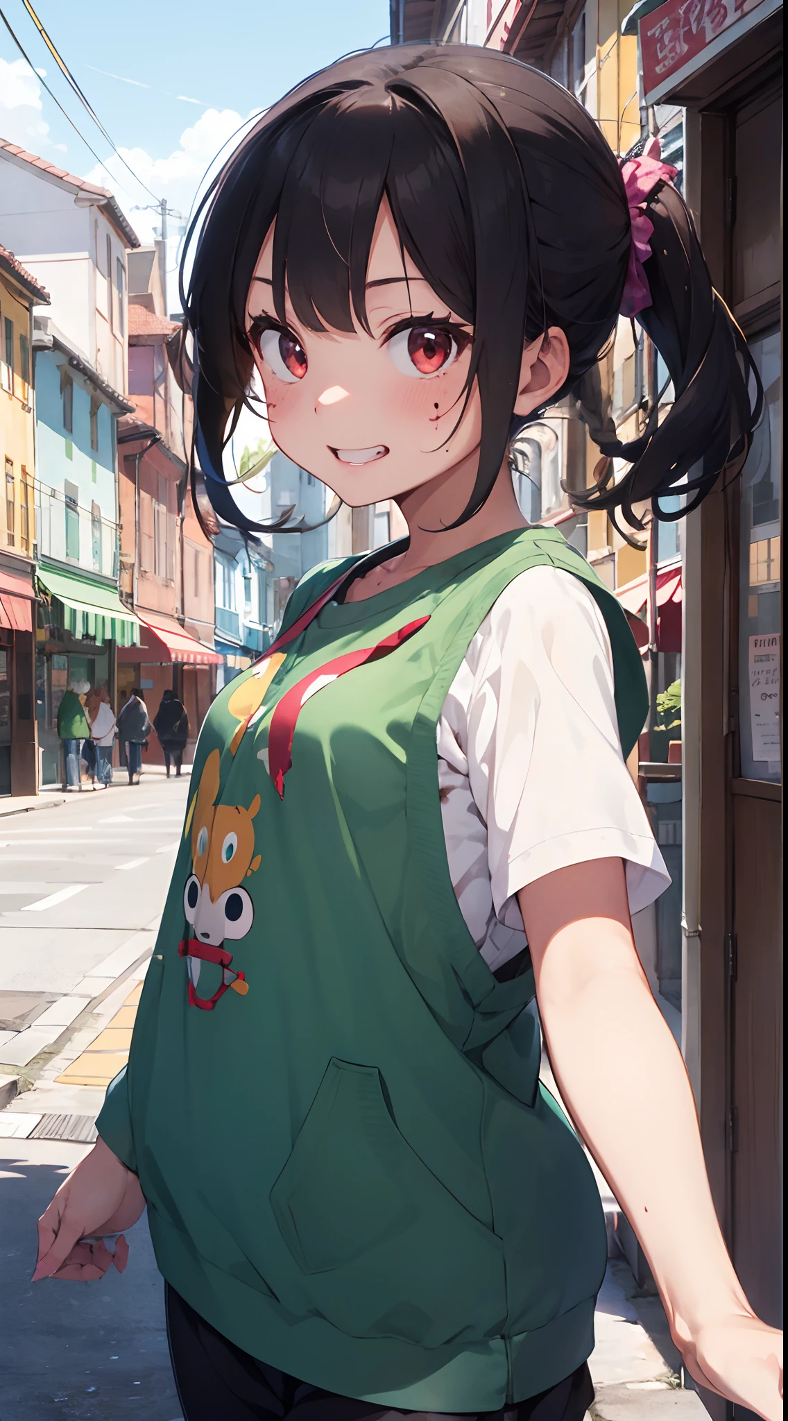 hair bunch、long eyeslashes、Round eyes、A slight smil、Ears are blushing、braid ponytail、expressive hair、Crystal hair、shinny hair、Hair on the nape、pupils are open、Jealousy、glitter、Angry blood vessels、Envy、Pick up、Crazy smile、 Tachie, surrealist, animesque, 真实感, Colors like Ghibli,Welcome to the quirky town of Funtonia。There、Not everything is as it seems。Central of the town square、Shimmer in the sun、Its eyes shine mischievously。The scene is vibrant、Colorful and、Founto must also be filled with details that further enhance the humor and charm of a