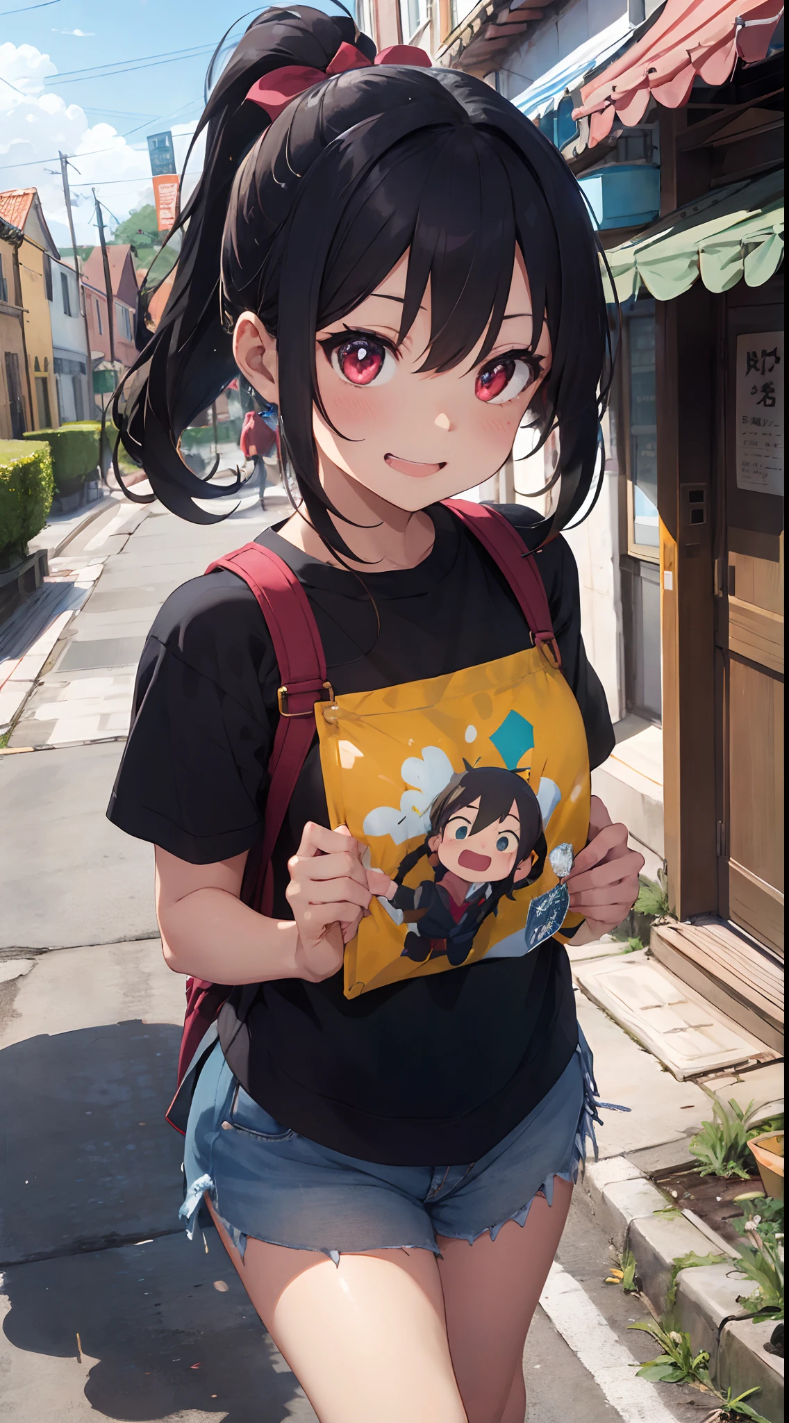 hair bunch、long eyeslashes、Round eyes、A slight smil、Ears are blushing、braid ponytail、expressive hair、Crystal hair、shinny hair、Hair on the nape、pupils are open、Jealousy、glitter、Angry blood vessels、Envy、Pick up、Crazy smile、 Tachie, surrealist, animesque, 真实感, Colors like Ghibli,Welcome to the quirky town of Funtonia。There、Not everything is as it seems。Central of the town square、Shimmer in the sun、Its eyes shine mischievously。The scene is vibrant、Colorful and、Founto must also be filled with details that further enhance the humor and charm of a