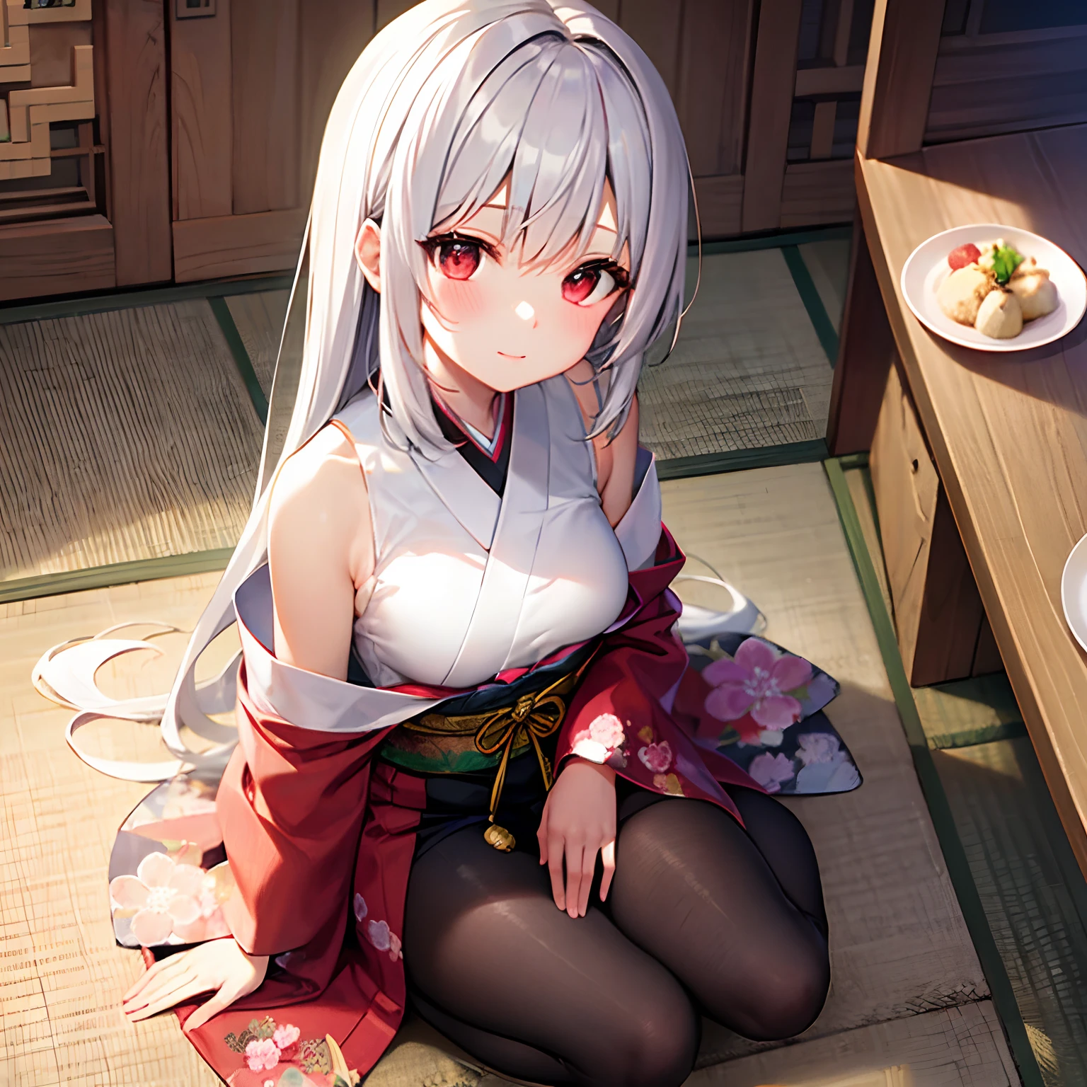 silber hair、red eyes、Beautiful girl alone、kimono、off shoulders、traditional Japanese room、sitting on、Kamimei、Watching from above