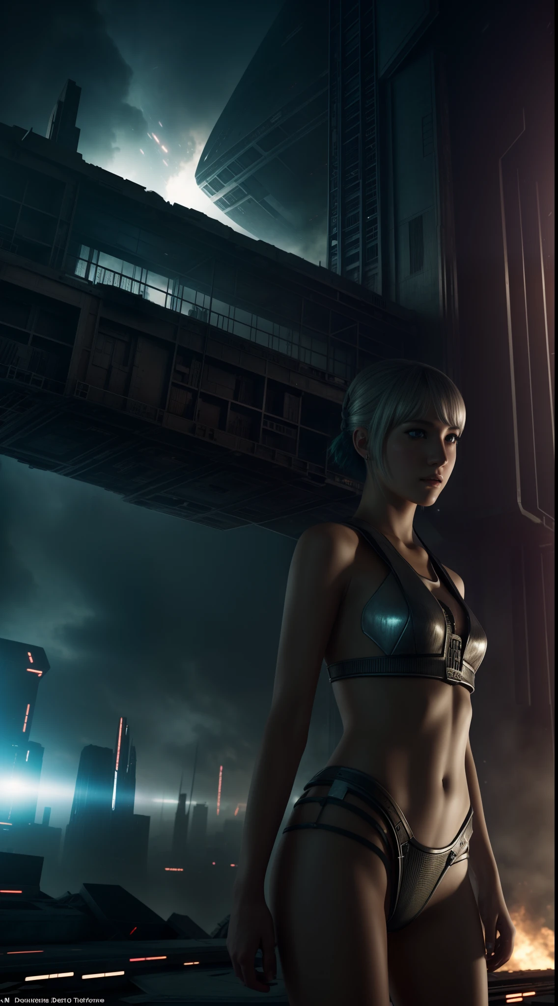 Replicant: Kainé, Selfie, Model Body, Teenager, Destroyed City, Spaceship, HDR, Best Quality, High Resolution, 8k, Realistic