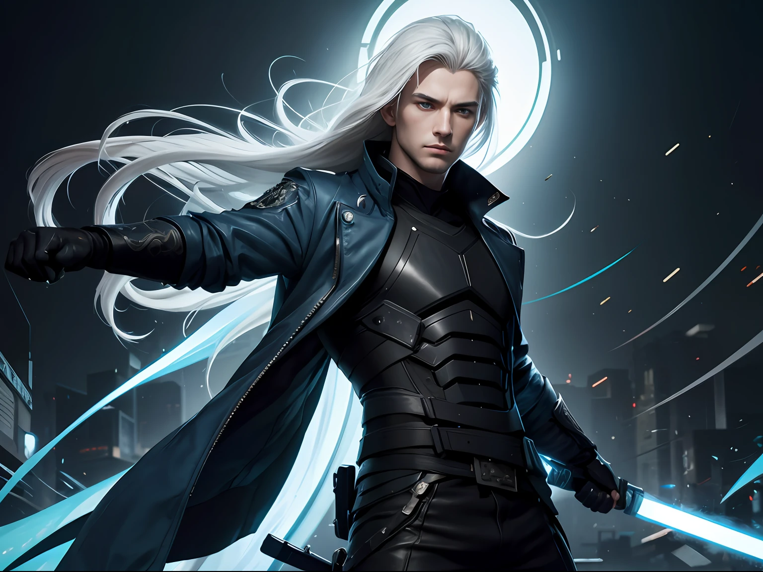 a handsome 25 years old male ronin, with long white hair, pale skin, serious looking, wearing a blue casual long jacket and black pants, splash art style, battle ready pose, dynamic angle, photo realism, ambient lighting, intricate hand details, highly detailed, vibrant colors, cinematic, neoprene, Unreal engine 5, stylized digital art, 8k, trending on Artstation